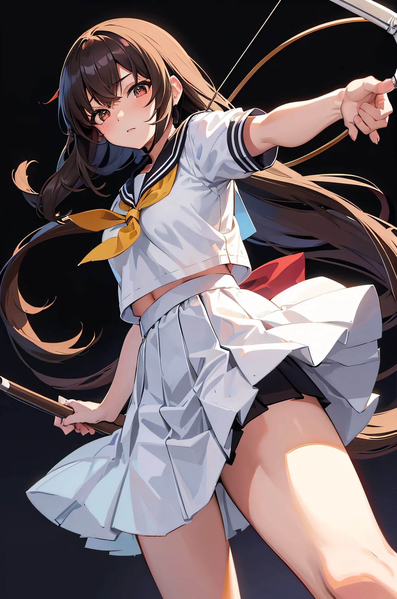 an anime character with long brown tresses and a short skirt in sailor outfit, holding a bow and arrow, 1girl, solo, sexy short school uniform, sexy serafuku, long hair, black hair, cowboy skirt, looking at viewer, white background, simple background, black serafuku, pleated skirt, blush, low back angle