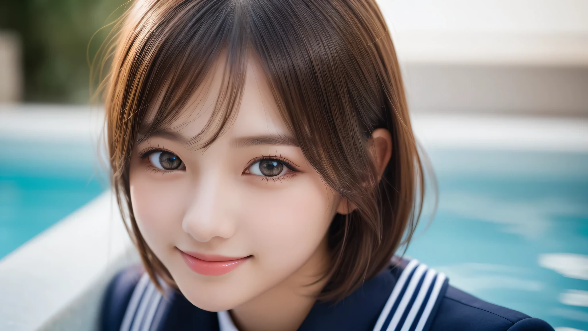 (2girl), enchanting smile, (extremely detailed beautiful face), (highly detailed eyes, highly detailed face), (mid bob hair), (high school uniform), Fresh, very clean appearance, (best Quality:1.4), (hyper-realistic, hight resolution), Professional Photography, standing, Outdoors, Close up portrait of girl, staring at me, into the pool
