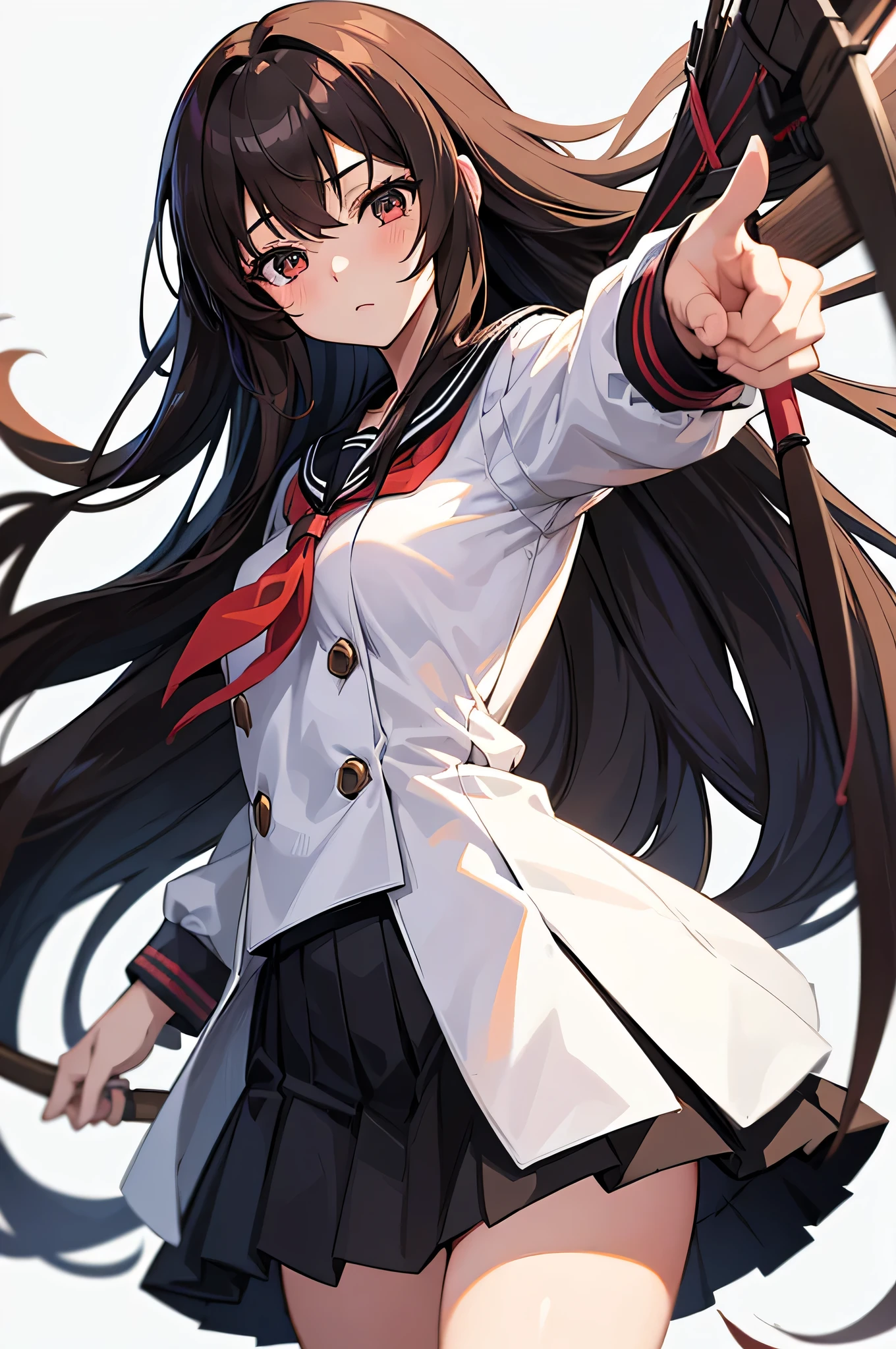 an anime character with long brown tresses and a short skirt in sailor outfit, holding a bow and arrow, 1girl, solo, sexy short school uniform, sexy serafuku, long hair, black hair, cowboy skirt, looking at viewer, white background, simple background, black serafuku, pleated skirt, blush, low back angle