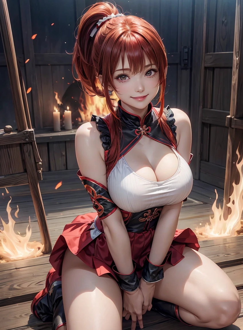 (highest quality:1.3), Highly detailed CG Unity 8k wallpaper, 32K, Realistic, Ultra-high resolution RAW photos, Beautiful and clear face, White skin, Real Skin, Finely textured fabric, Detailed hair texture, Perfect body, Beautiful Features, Accurate fingering, Anatomically correct, Highly detailed face and skin texture, One Girl, cute, Redhead、((Side Ponytail、Hanging eyes:1.2))、shiny smooth hair, Thick bangs、(A teasing smile:1.2), (Prayer-style costume)、(hort boots、Fire effect、