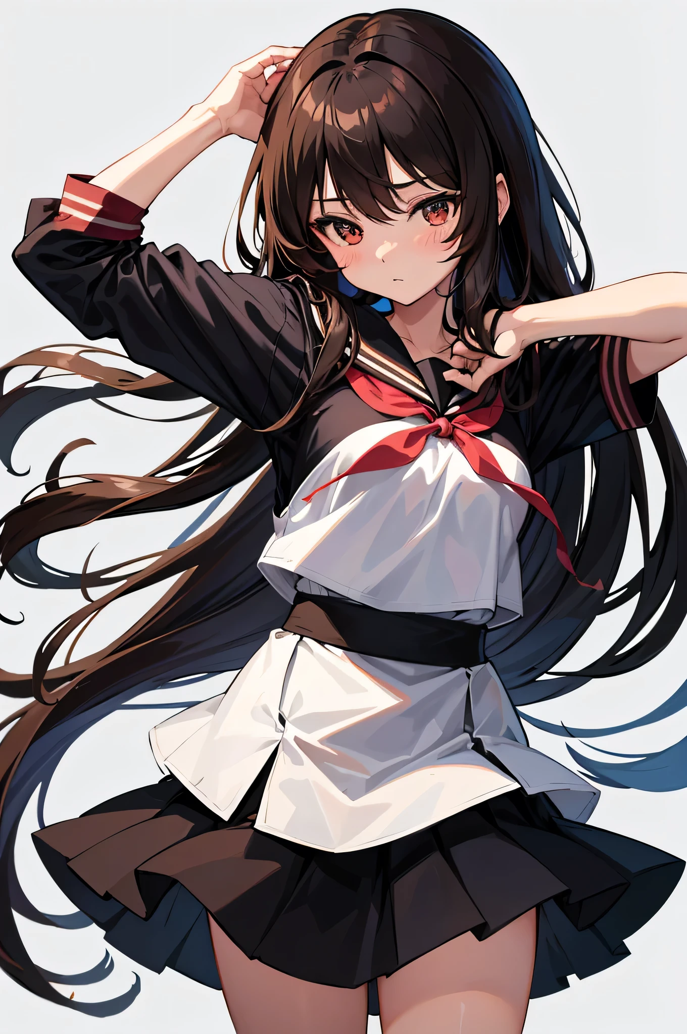 an anime character with long brown tresses and a short skirt in sailor outfit, holding a bow and arrow, 1girl, solo, sexy short school uniform, sexy serafuku, long hair, black hair, cowboy skirt, looking at viewer, white background, simple background, black serafuku, pleated skirt, blush, low back angle
