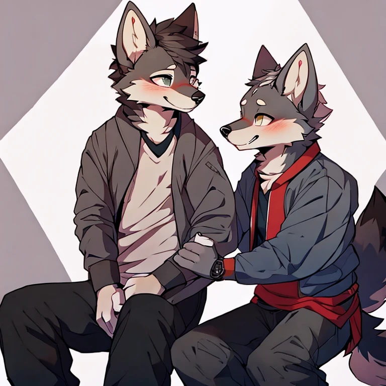 man,Gray wolf,Modern Background,Blushing,Tight Fit,Sitting,Touching her crotch