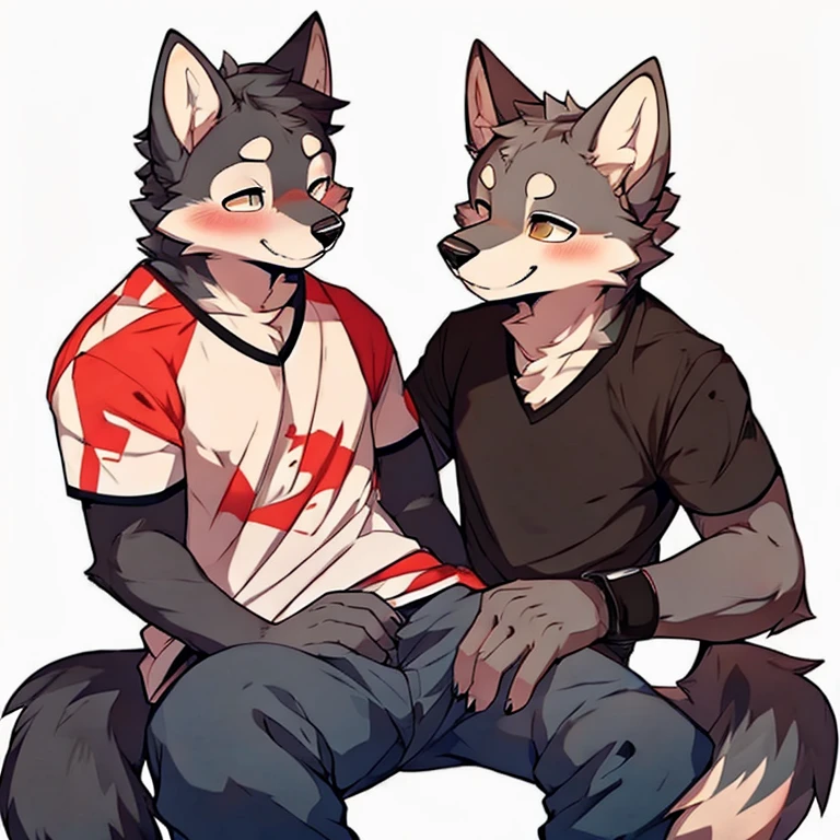 man,Gray wolf,Modern Background,Blushing,Tight Fit,Sitting,Touching her crotch