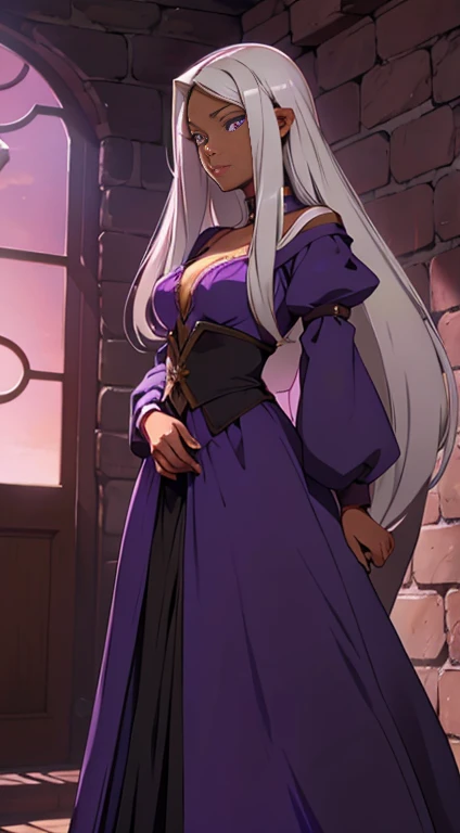 Lady ultamia, rare, time maiden, baggy gown, beautiful girl, long silver hair, Violet eyes, dark skin, town,