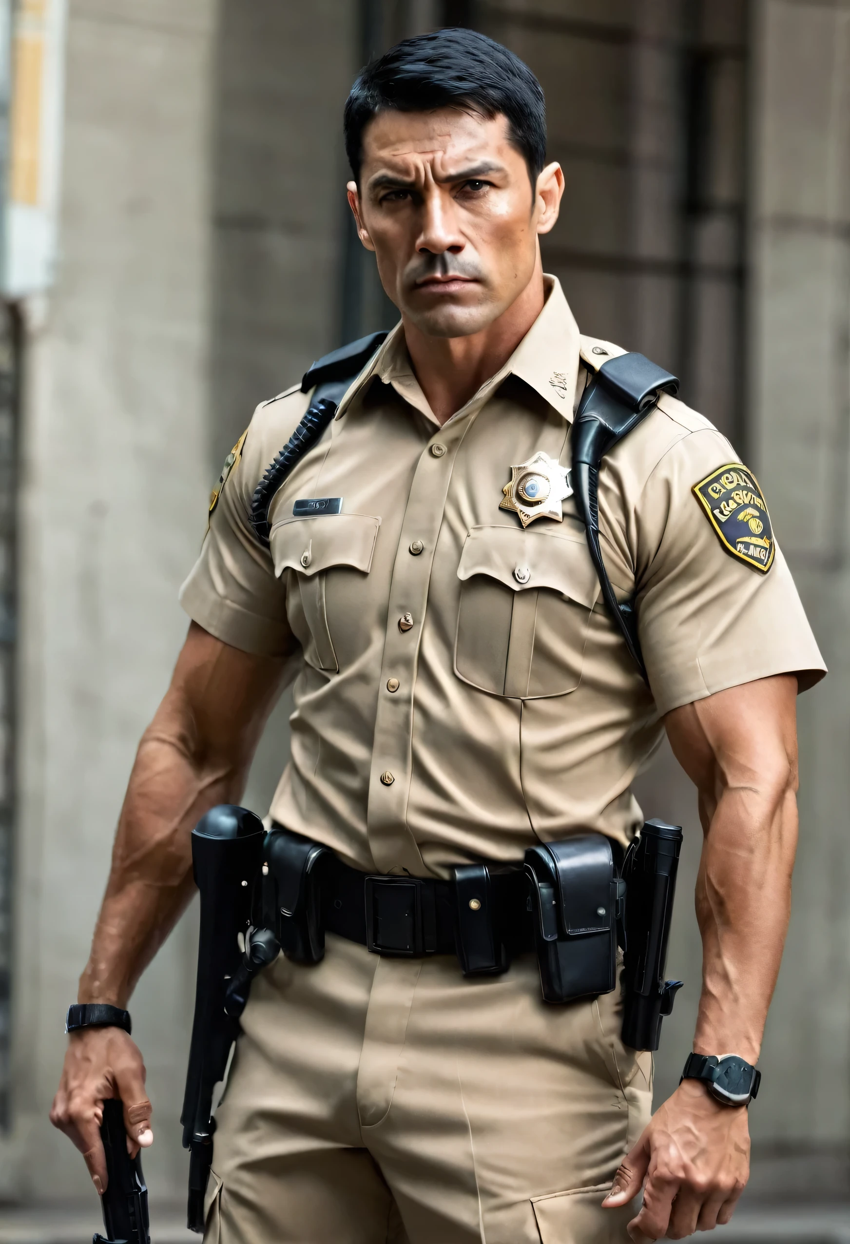 Tall, muscular build, intense gaze, short black hair, scar on left cheek. A police officer in a uniform. Tan-ish, scarred skin, stubble, dark hair, dark eyes, serious. Full body. Holding a handgun.