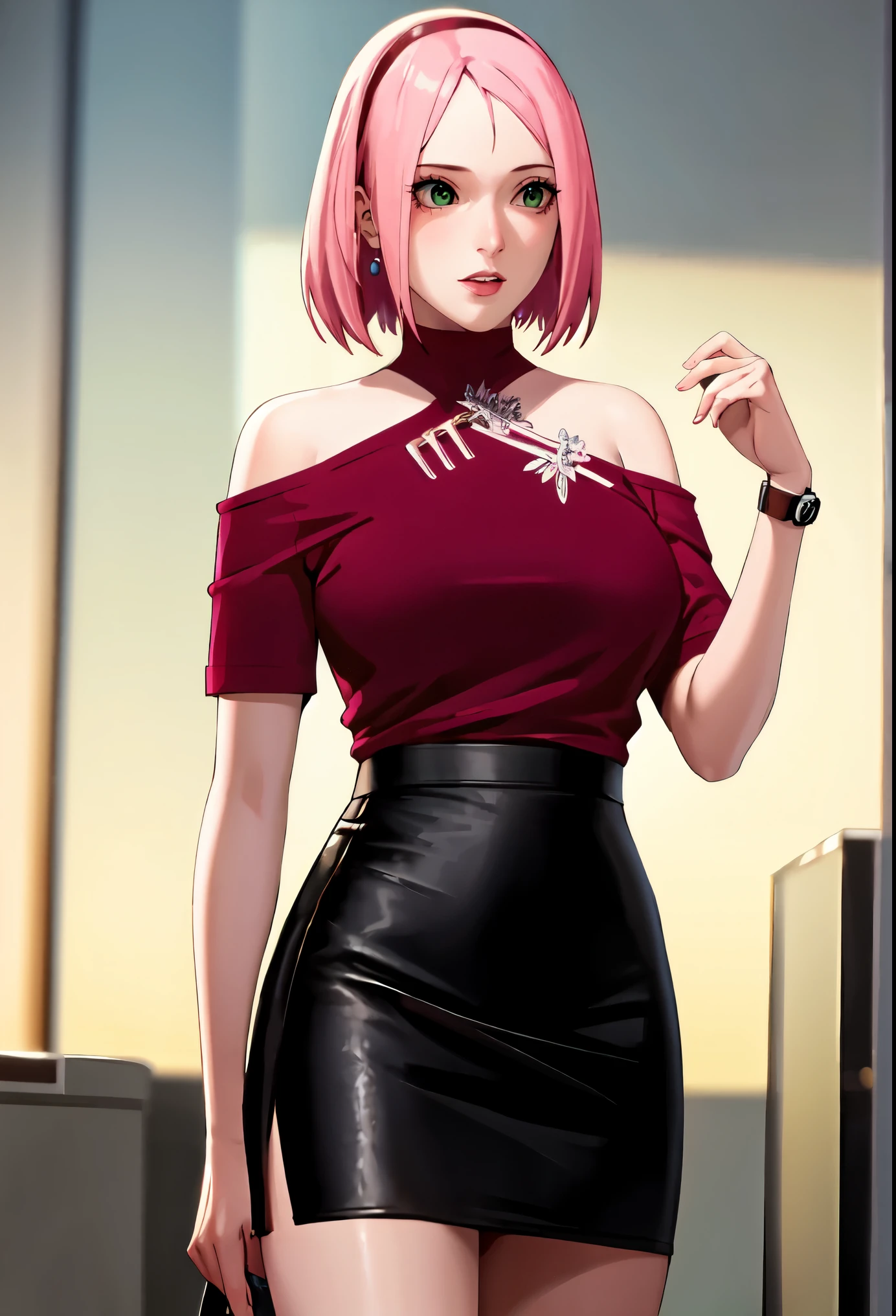 masterpiece, best quality, beautiful sakura haruno, pink hair,(cowboy shot),jewelry, earrings, (black skirt:1.2), wristwatch, (off-shoulder sweater), pencil skirt, collarbone, large breasts,(intricately detailed, hyperdetailed), blurry background,depth of field, best quality, masterpiece, intricate details, tonemapping, sharp focus, hyper detailed, trending on Artstation,1 girl, high res, official art