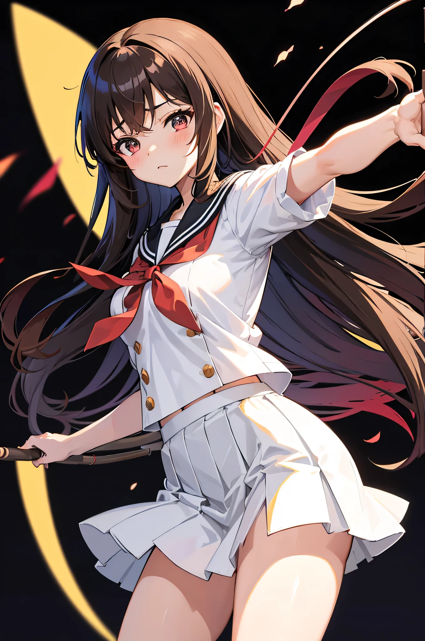 an anime character with long brown tresses and a short skirt in sailor outfit, holding a bow and arrow, 1girl, solo, sexy short school uniform, sexy serafuku, long hair, black hair, cowboy skirt, looking at viewer, white background, simple background, black serafuku, pleated skirt, blush, low back angle