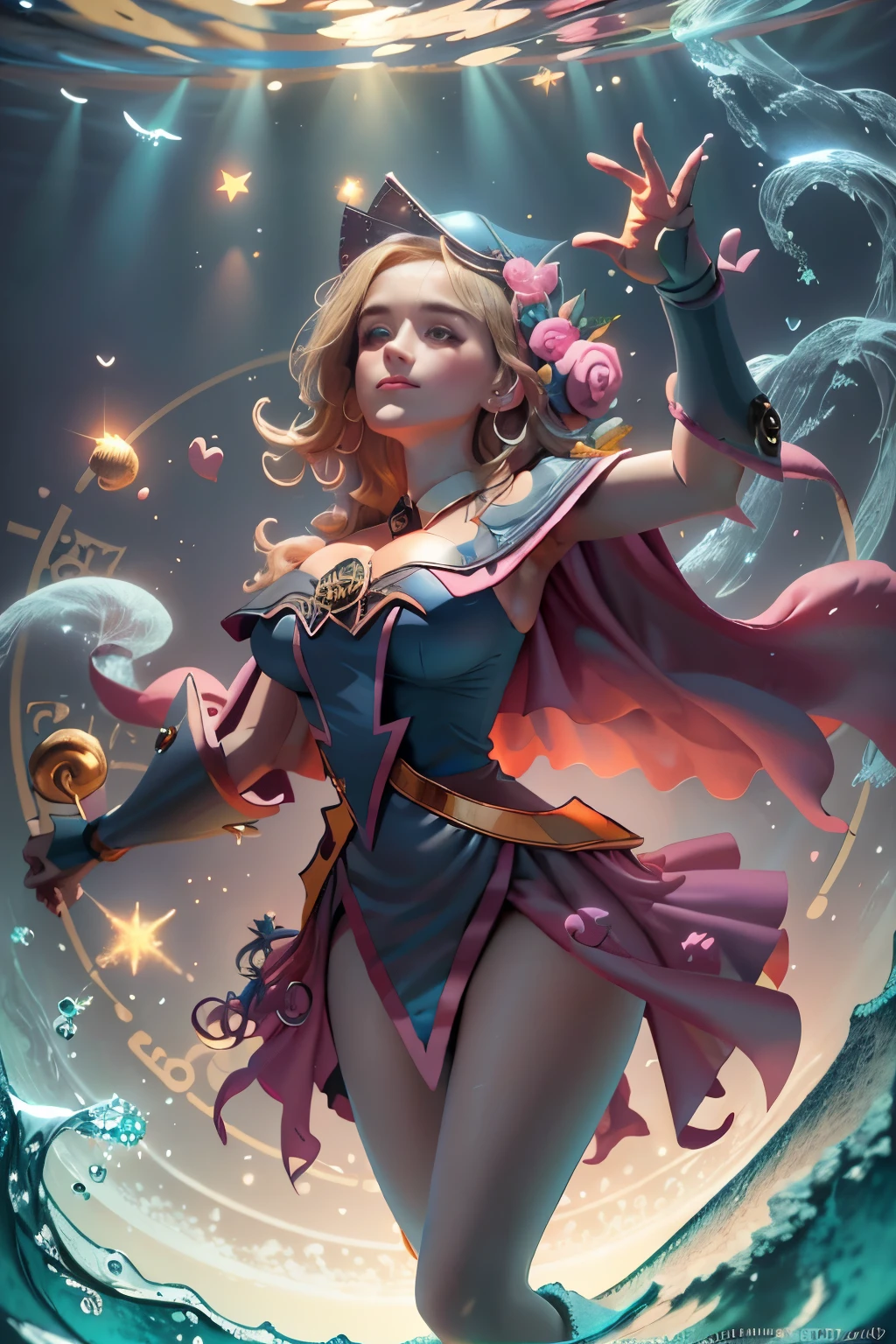 Obra maestra:1.2), (La mejor calidad:1.2), Perfect lighting, Chica Maga Oscura, lanzando un hechizo y flotando en el aire, tetas grandes, escote, fondo de magia. Corazones transparente en el ambiente, ella usa tacones