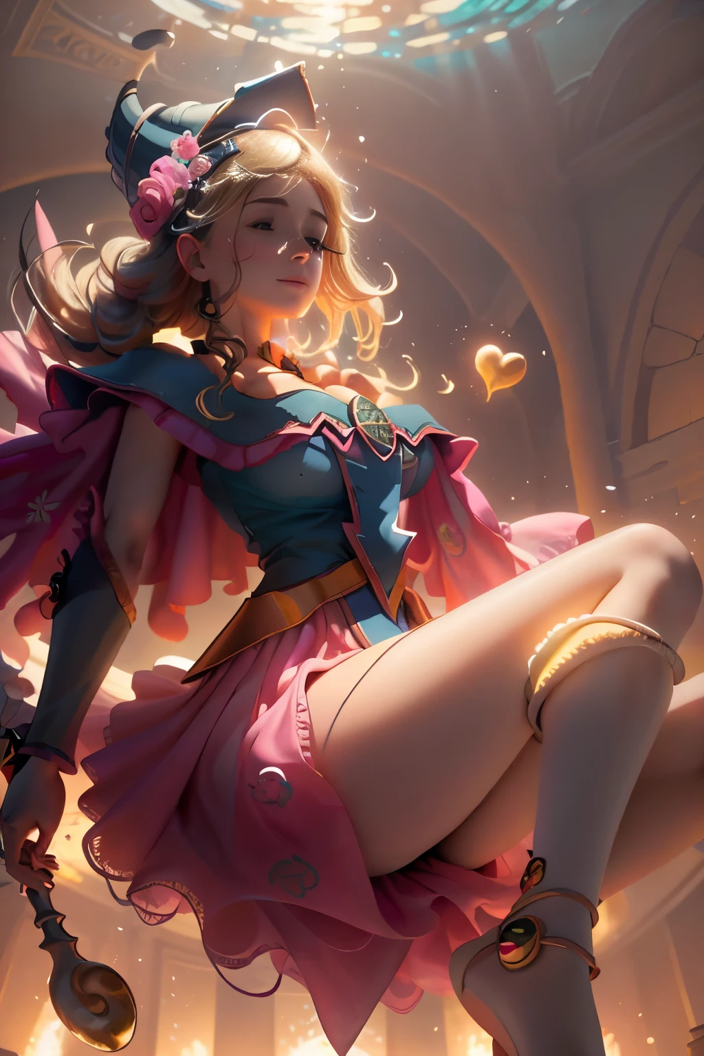 Obra maestra:1.2), (La mejor calidad:1.2), Perfect lighting, Chica Maga Oscura, lanzando un hechizo y flotando en el aire, tetas grandes, escote, fondo de magia. Corazones transparente en el ambiente, ella usa tacones