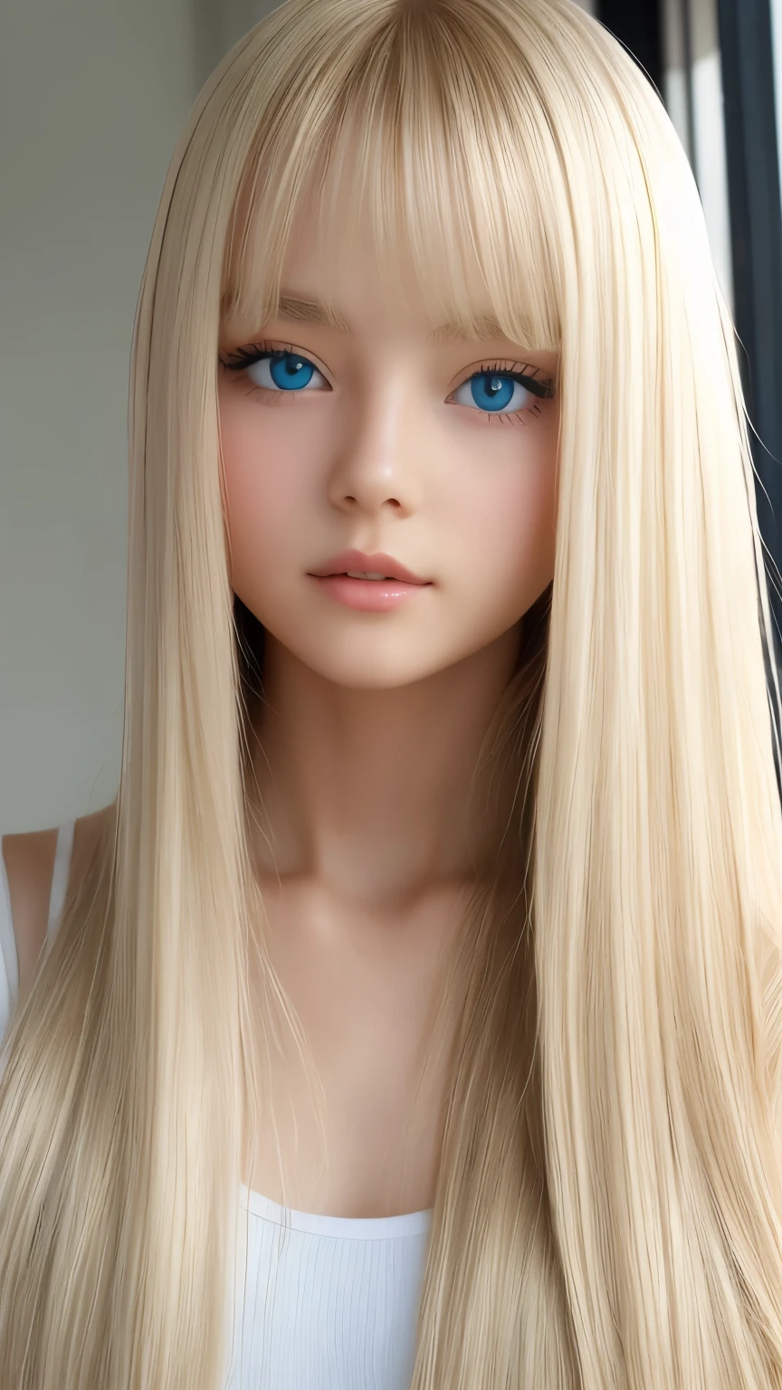 Transparent white glossy skin、Wind blonde gets in the way in front of a cute face、rich bust、17 year old cute beautiful face、Beautiful super long straight platinum blonde hair、Big, bright light blue eyes that shine so beautifully、very big eyes、long silky bangs that cover cute eyes, Sexy face-hiding super long hair、Sexy cute young woman long natural blond shiny bright hair