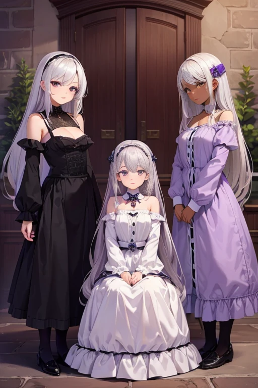 Triplets, rare, time maiden, baggy gown, beautiful girls, long silver hair, Violet eyes, dark skin, town, mansion,