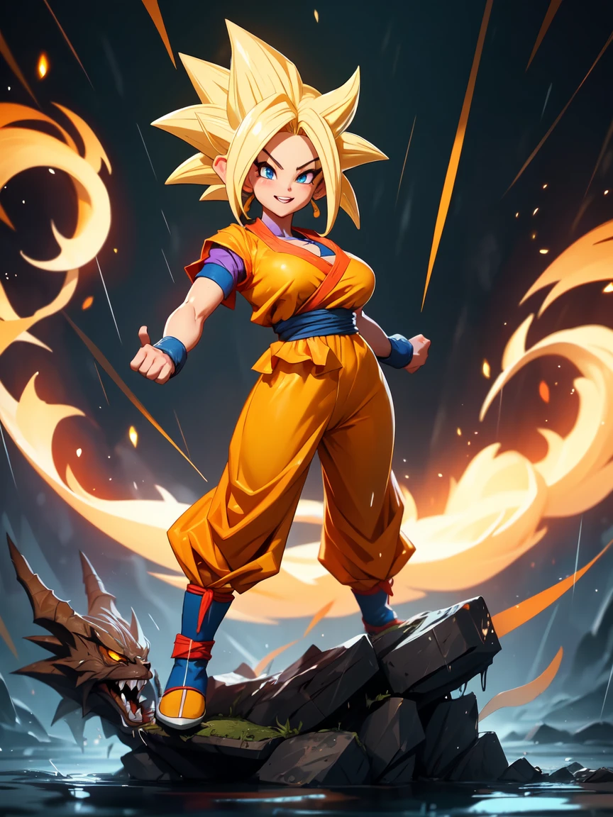 ((Full body photo, feet on the ground, straight body, Dragon Ball Anime)), ((Laura/woman, big breasts, extremely beautiful)), ((Super Saiyan Superior Instinct)) {transformed into Super Saiyan} wearing Goku child's costume/extremely tight on body, emanating golden magic aura circling furiously around the body. Background, completely destroyed city at night raining hard. Her outfit is soaked in water, she's staring at the viewer, smiling, fists clenched, concentrating magical aura, in a front-facing attack pose. Anime Dragon Ball, high detail, anime, 16k, UHD, retina, retina, ccurate, anatomically correct, textured skin, super detail, high quality, award winning