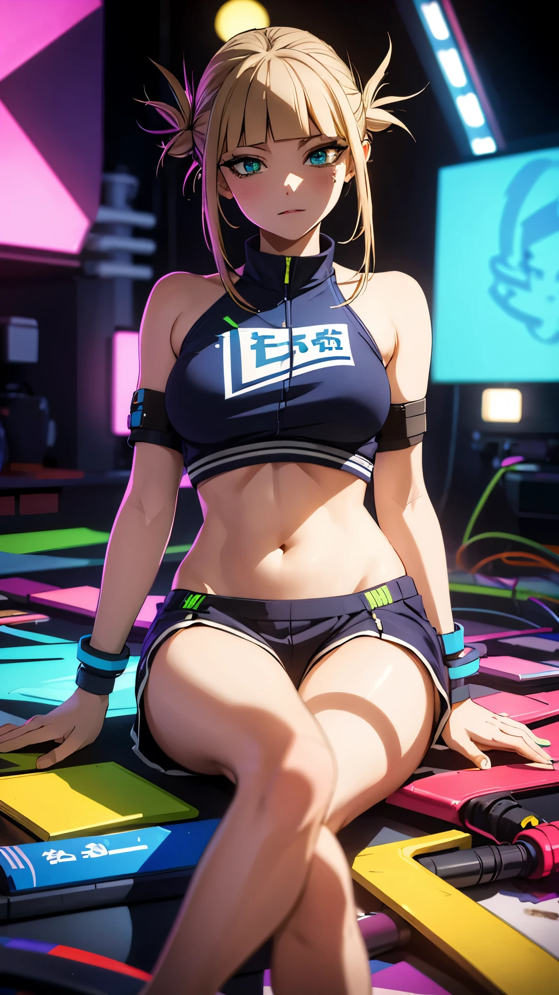 (best quality,highres:1.2),ultra-detailed,realistic,photorealistic:1.37,a beautiful girl(Himiko Toga) model in a pop style,18 years old,long legs,medium breasts,extremely detailed face (with emphasis on azure eyes),wearing tight-fitting clothes (exposing the stomach),sitting in a perfect split pose,illustration,colorful pop art style,dynamic lighting,neon colors