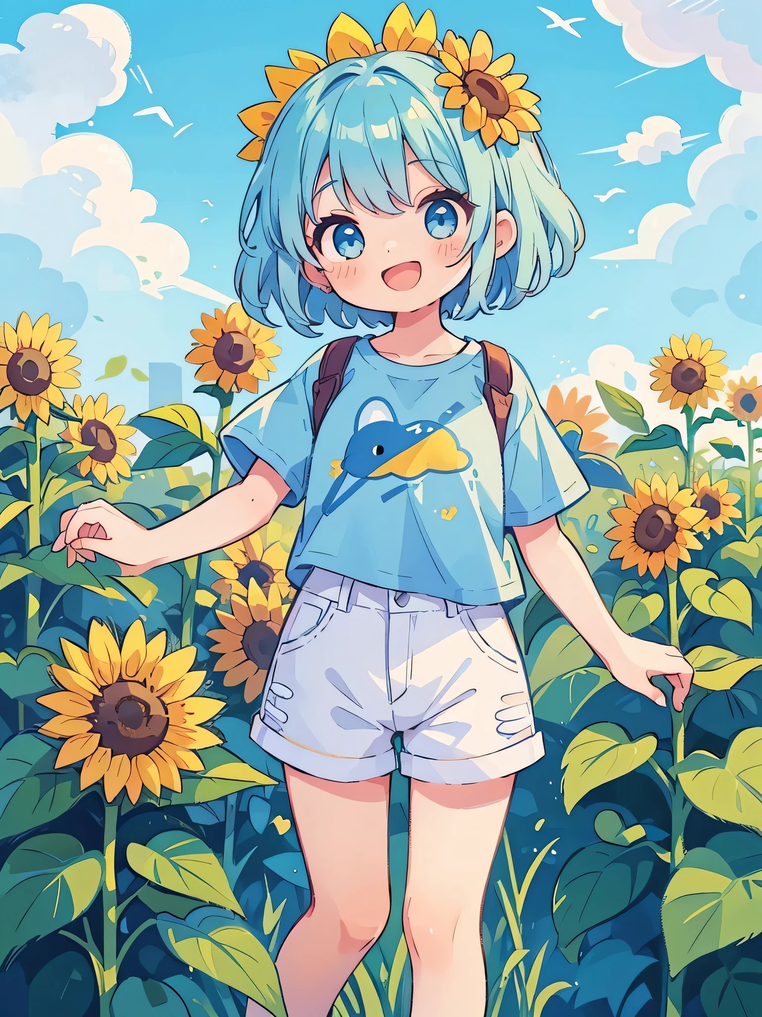 super high quality　Super high quality　masterpiece　short hair　Girl　Light blue hair　The whole body is shown　laughing　Upper Body:Lower Body(1:1)　summer　blue sky　sunflower　　Eye highlights　look at the viewer,　Short legs　Short sleeve　Shorts