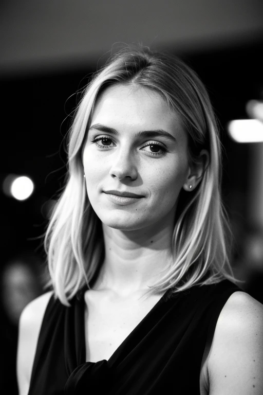 Frau, (happy facial expression), strukturierte Haut, Goose flesh, blonde schulterlange Haare, big bust, schmale Taille, New York, perfekte Augen, (Kerzenlicht,Chiaroscuro), 160-Farben-Halter, gedreht mit ARRI ALEXA 65, bokeh, scharfer Fokus auf das Motiv, gedreht von Don McCullin