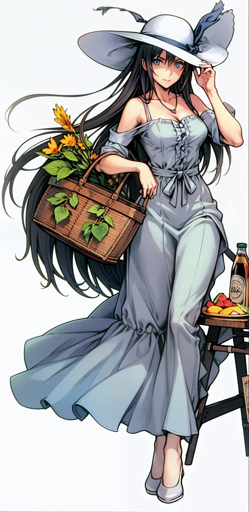 nomura tetsuya, masterpiece, best quality, 1girl, solo, blue eyes, hat, picnic basket