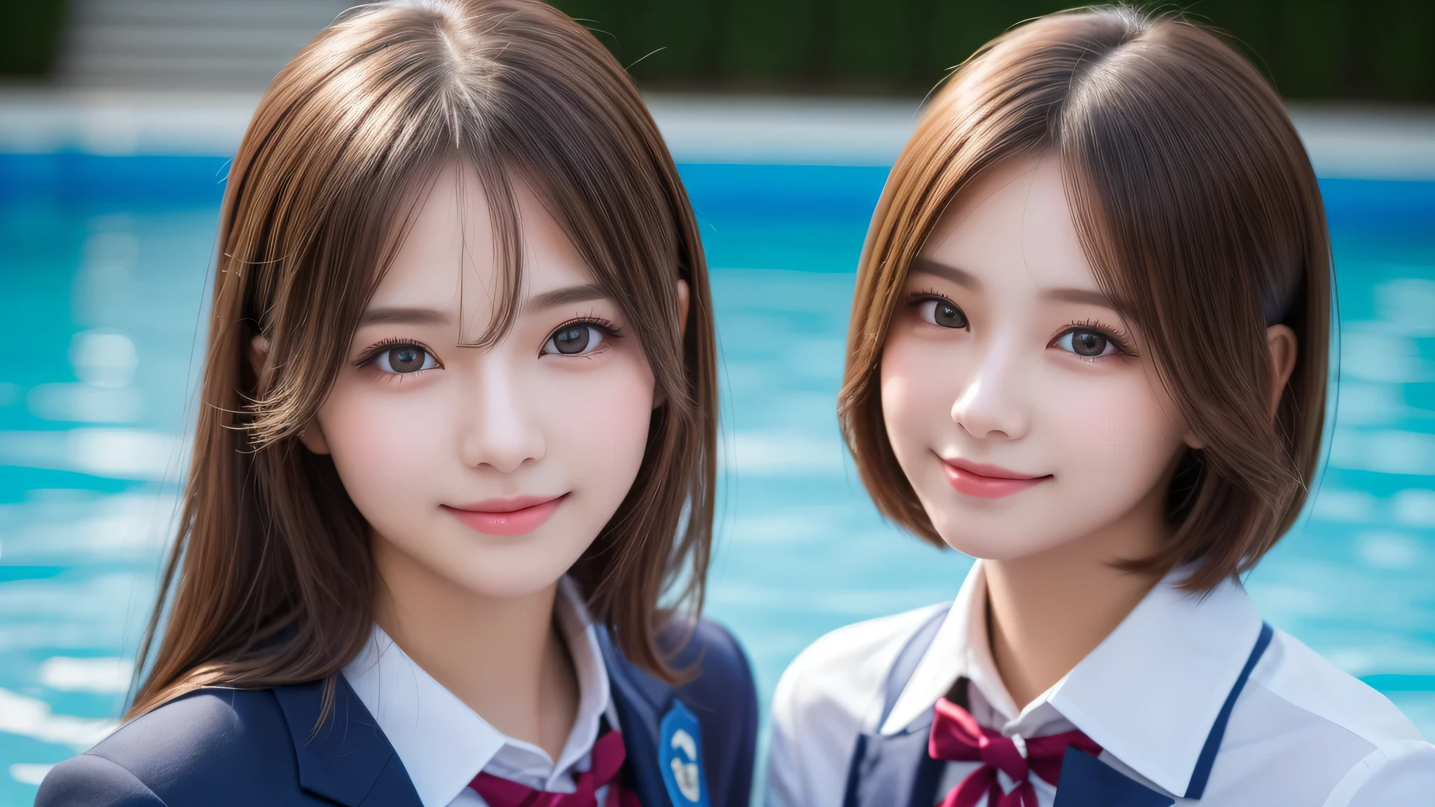 (2girl), enchanting smile, (extremely detailed beautiful face), (highly detailed eyes, highly detailed face), (mid bob hair), (high school uniform), Fresh, very clean appearance, (best Quality:1.4), (hyper-realistic, hight resolution), Professional Photography, standing, Outdoors, Close up portrait of girl, staring at me, into the pool