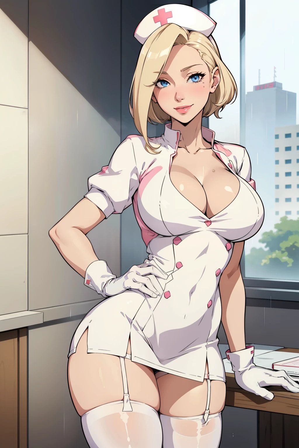 1woman, Nurse, nurse uniform, Nurse Cap, Whiteware, ((White legwear, zettai ryouiki)), White Gloves, Blonde hair, Blue eyes, pink lipsticks, Smile, Standing, sharp outline, Short sleeves, a mature female, 35 year old, Best Quality, masterpiece, infirmary, As chest shows, chest escaping, rain on face, sensuous pose, tit visible