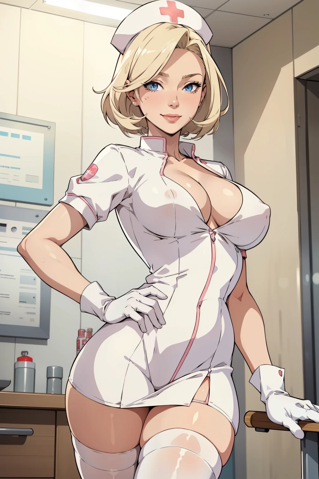 1woman, Nurse, nurse uniform, Nurse Cap, Whiteware, ((White legwear, zettai ryouiki)), White Gloves, Blonde hair, Blue eyes, pink lipsticks, Smile, Standing, sharp outline, Short sleeves, a mature female, 35 year old, Best Quality, masterpiece, infirmary, As chest shows, chest escaping, rain on face, sensuous pose, tit visible