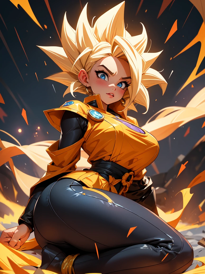 ((Full body photo, feet on the ground, straight body, Dragon Ball Anime)), ((Laura/woman, big breasts, extremely beautiful)), ((Super Saiyan Superior Instinct)) {transformed into Super Saiyan} wearing Goku 's costume/extremely tight on body, Capture an electrifying moment in the Dragon Ball universe with a high-detail, 16k UHD illustration featuring Laura, a stunningly beautiful woman transformed into the Super Saiyan Superior Instinct. Laura stands tall with her feet firmly planted on the ground, her body radiating power and confidence. Clad in a Goku childstume stretched tightly over her curves, she emanates a golden magical aura that swirls furiously around her. The backdrop is a completely destroyed city engulfed in a torrential downpour, the rain soaking Laura's outfit and adding to the intensity of the scene. With fists clenched and a determined smile, Laura stares directly at the viewer, ready to unleash her formidable powers in a front-facing attack pose. Every detail, from her textured skin to the accuracy of her anatomy, is meticulously rendered to bring this dynamic moment to life. This award-winning illustration will captivate fans of Dragon Ball with its stunning visuals and attention to detail. Artists: Anime Illustration Studios, Dragon Ball Fan Creations, Award-Winning Artists. Anime Dragon Ball, high detail, anime, 16k, UHD, retina, retina, ccurate, anatomically correct, textured skin, super detail, high quality, award winning