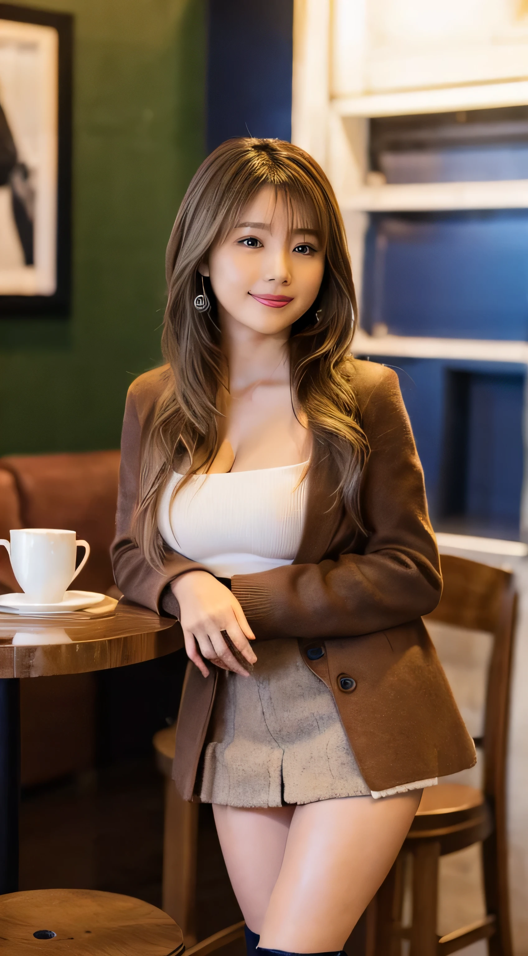 (Photorealistic), (ultra high realistic), (Ultra high definition), (ultra high detailed), (Increase contrast), (Increase saturation), (15yo girl), (light skinned)A pretty woman with perfect figure, Cute face, Beautiful expression, (Lifelike face), Beautiful hairstyle, Realistic eyes, beautiful detail, (real looking skin), Beautiful skins, enticing, The ultra -The high-definition, A hyper-realistic, Realistic, Very detailed, Japanese, semi long hair, bangss), (Cute idol with Japan walking in light brown wool coat and knee-high boots, Tartan check)((a miniskirt:1.5))  Gentle smile, Brown hair, ( earrings ), (super model figures below:1.3, Stylish coffee shop、The cleavage is boldly visible、beutiful breast、thin-waist、Sitting cross-legged in a chair