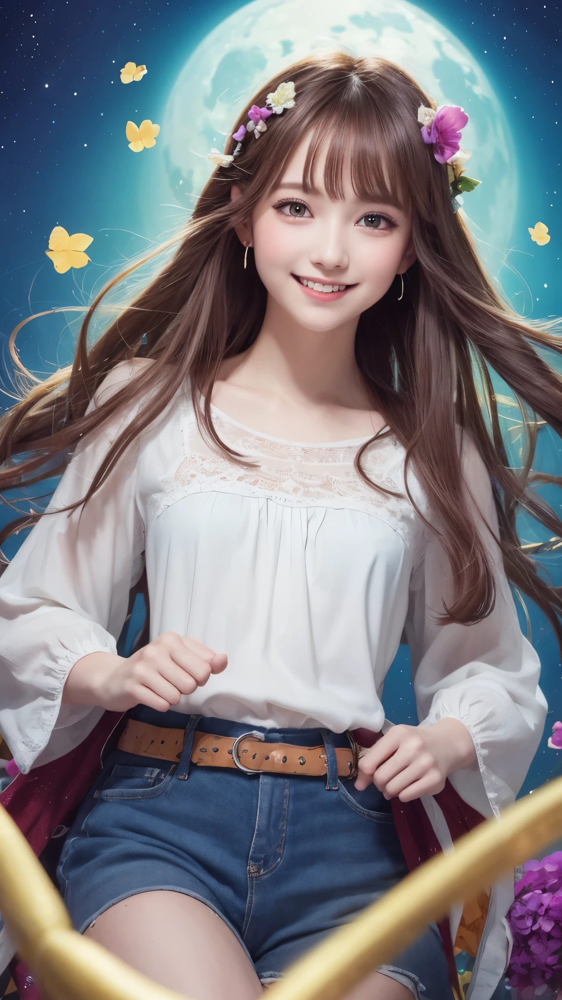 Girl in a dream.I have long colorful hair.Wearing white clothes.It's a rock band.I'm singing a song.Notes flying around.It is an illustration of the highest quality.It is a beautiful illustration.Very colorful.big eyes,smile、Viewer's perspective