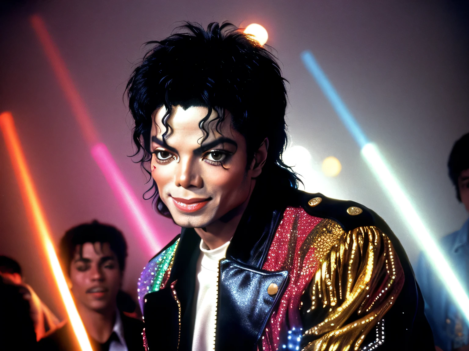 Michael Jackson at a party with multicolored lights, photo from the 80s 