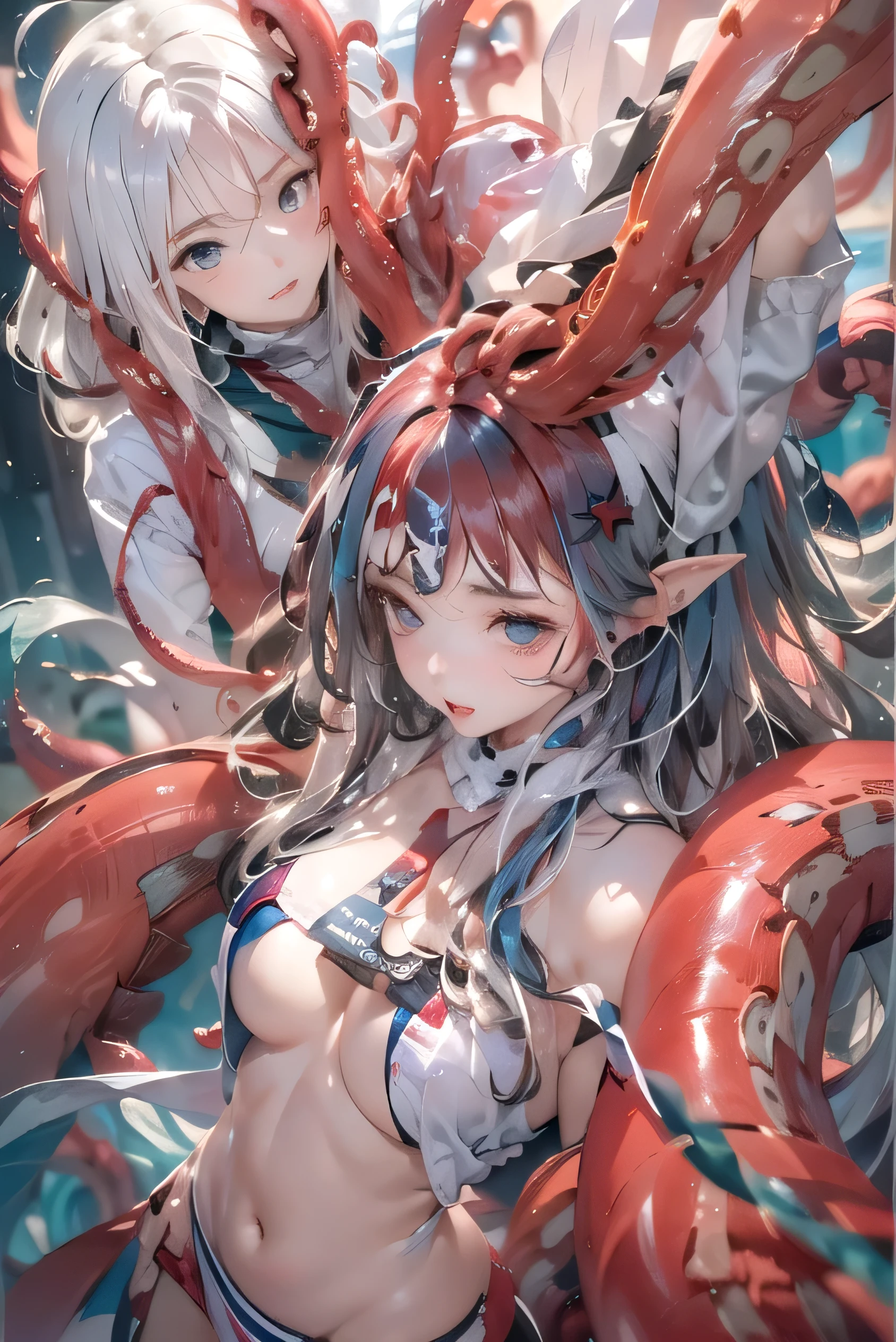 (Photorealistic:1.8, highest quality:1.8,8K masterpiece:1.8,High resolution,Mastepiece:1.8,RAW Photos,Cinematic lighting),No split screen、Sunset、coastal、
(Kneel1 Android Girl:1.5)、Completely naked、choker、Brazilian Micro Bikini、My heart was wide open.、Beautiful ass、Beautiful thighs、Plump nipples、cameltoe、Normal ear、correct2Benzu、(Soryu Asuka Langley)、
Pop-style body painting on the whole body、
(Suspension by tentacles:1.6)、(Countless tentacles wrapped around the body: 1.5)、(Tentacles clinging to:1.5)、(Tentacles tangling in the thighs: 1.5)、Giant Octopus、Raise your arms、Tentacles grab both arms、Leg spread、Kneel、A rich expression、fun、Embarrassing、Feels good、Open your mouth、shout、Appealing gaze、Sparkling Blue Eyes、Watery eye、
(Beautifully shining crimson blue red white black silver hair:1.5)、Shooting from below、Fine Lines
