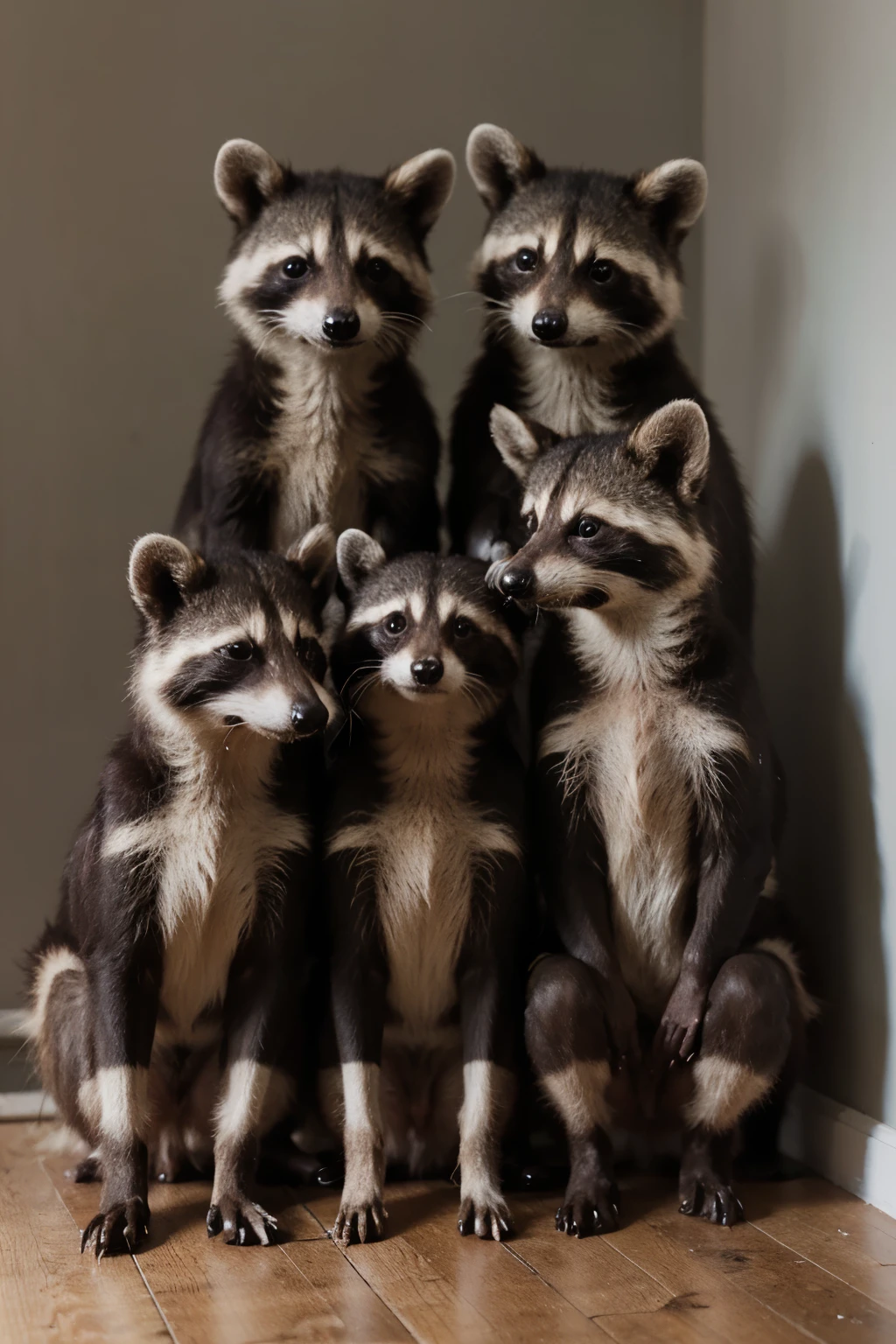 fourteen raccoons together sitting