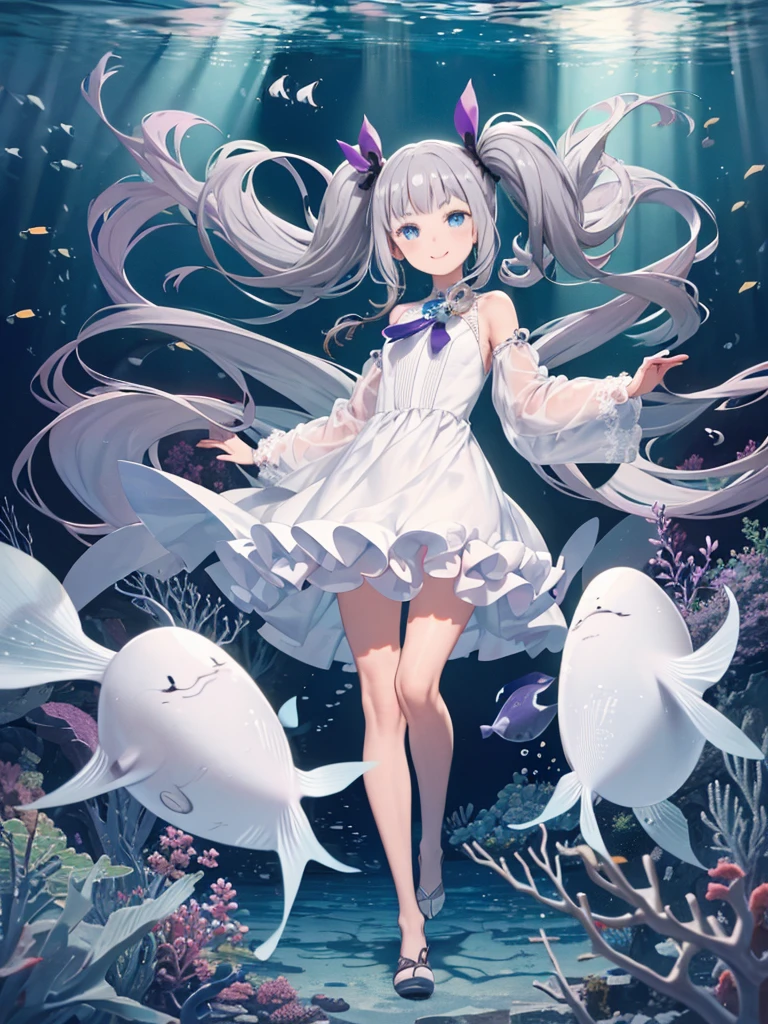 (Pieces fly), (highest quality), Very detailed, 1 girl, Perfect Face, (Solo full body shot:1.3), Very detailed顔,(Gray-haired super long hair,Twin tails:1.5),(blue eyes:1.4),(Underwater,swim:1.4),(White Dress:1.5),School of small fish,Light,bubble,jellyfish,Seaweed,deep sea,Fantasy,seabed,(Floating Hair:1.4),splash,(Surrounded by many small fish:1.4),(smile:1.3)