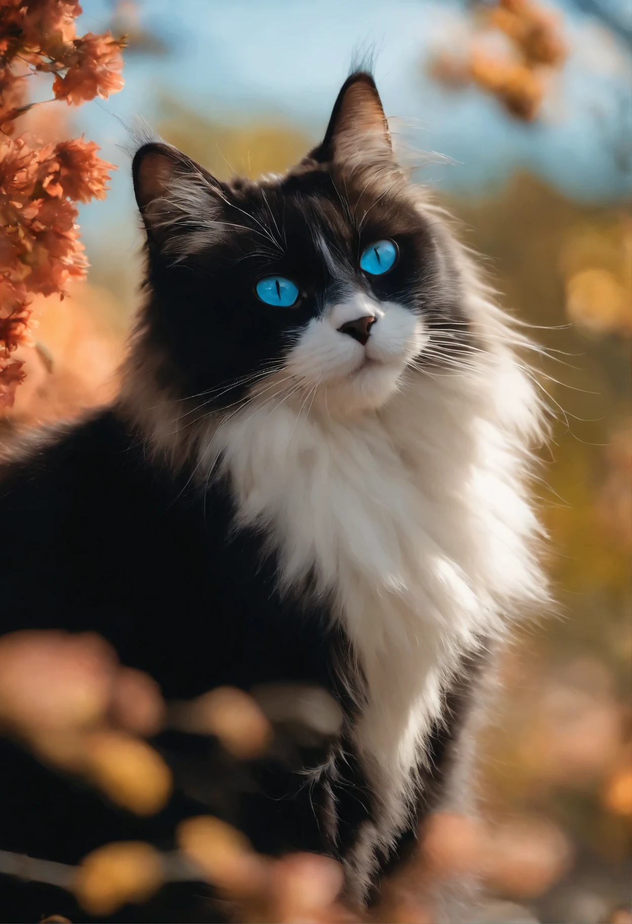 Fluffy cat,Playful,Curious,Bright Blue Eyes,Soft black fur,Whiskers twitching,Stretching in the sun,Cat grace and elegance,(highest quality,4K,High resolution),Vibrant colors,Active and energetic,Artistic illustrations and watercolors,dream-like、Whimsical,subtle pastel colors,Soft lighting,Bokeh