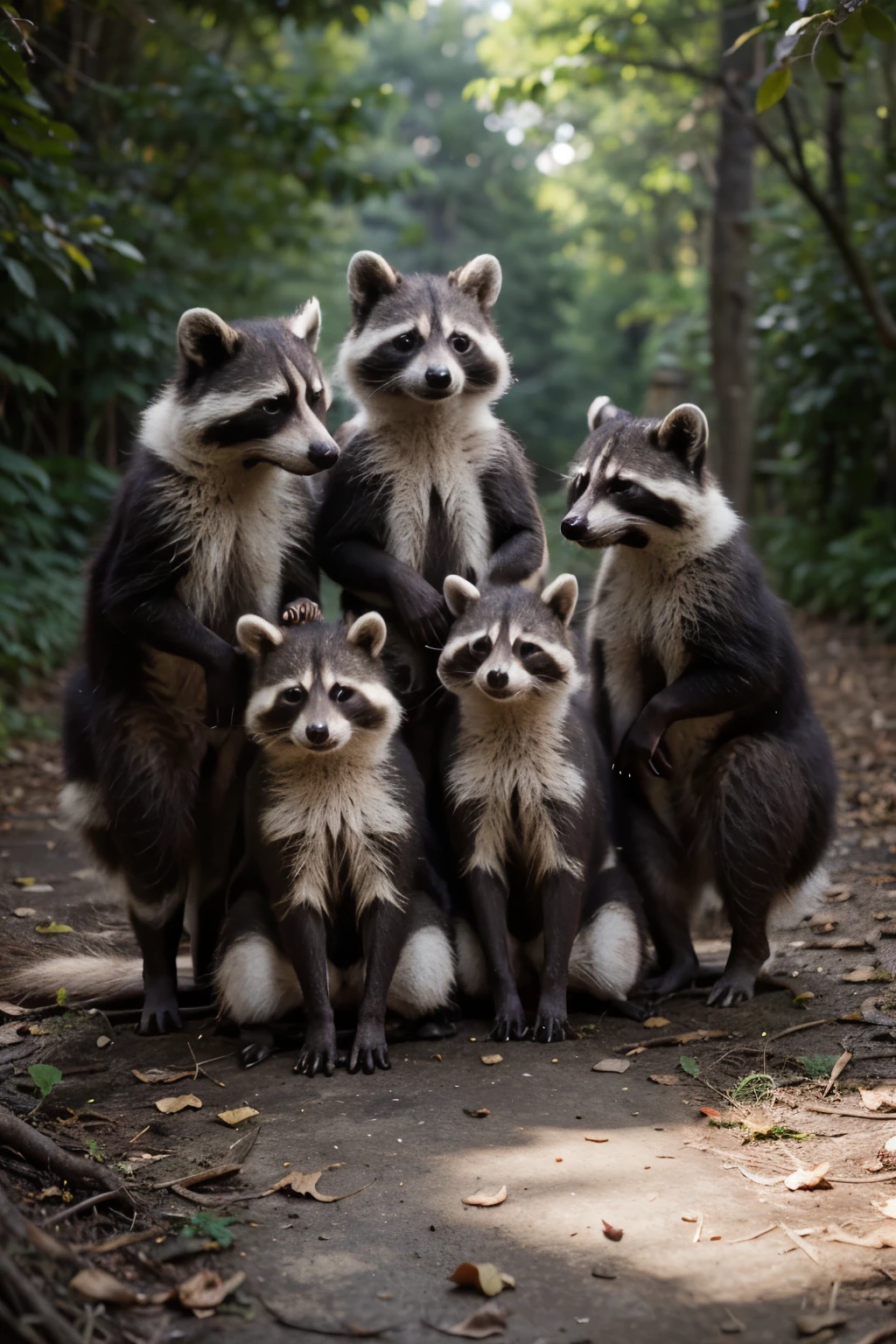 fourteen raccoons together sitting