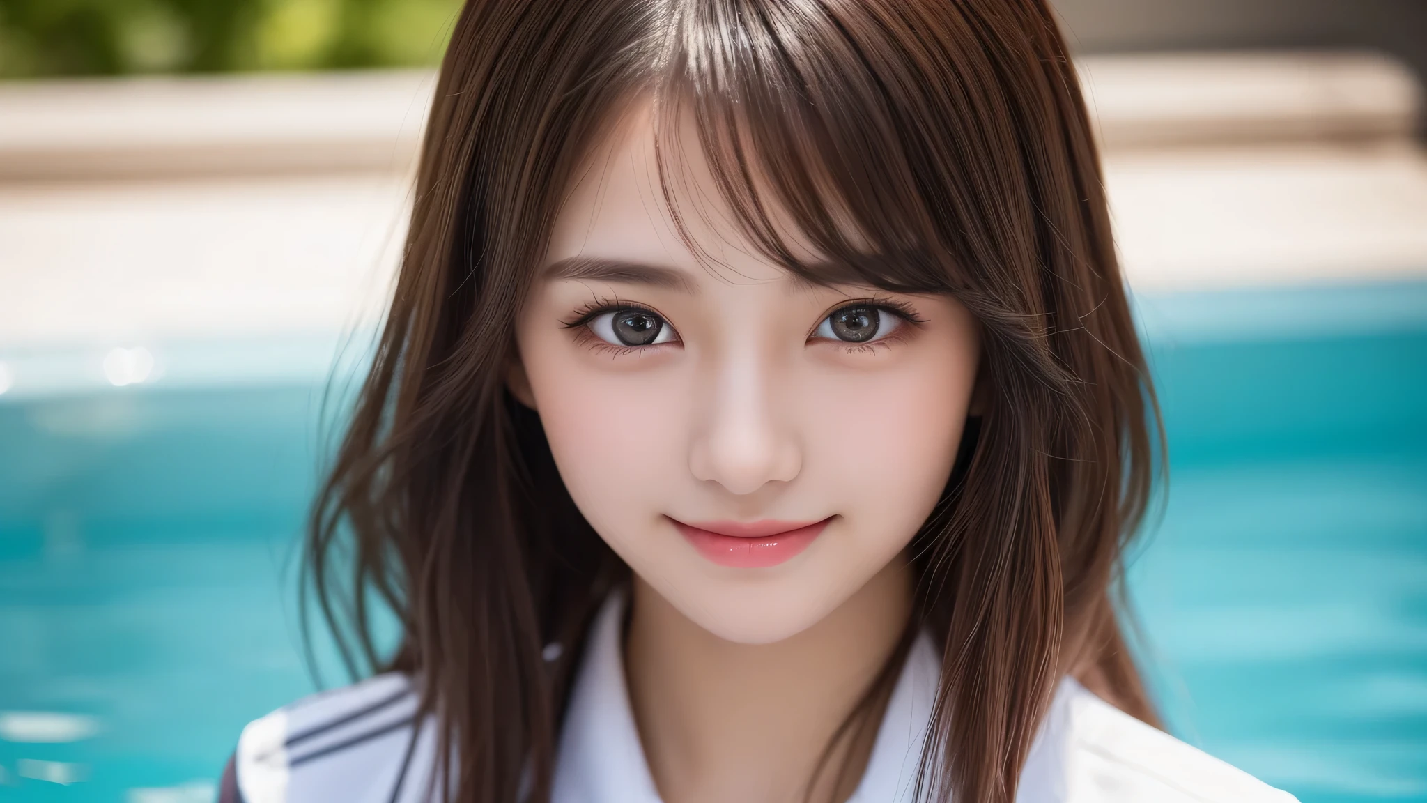 (2girl), enchanting smile, (extremely detailed beautiful face), (highly detailed eyes, highly detailed face), (mid bob hair), (high school uniform), Fresh, very clean appearance, (best Quality:1.4), (hyper-realistic, hight resolution), Professional Photography, standing, Outdoors, Close up portrait of girl, staring at me, into the pool