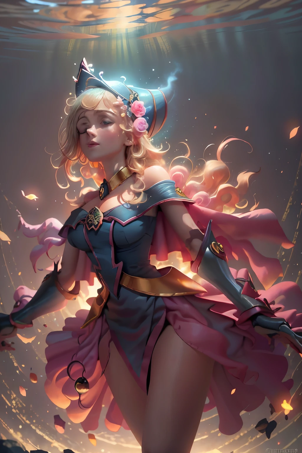 Obra maestra:1.2), (La mejor calidad:1.2), Perfect lighting, Chica Maga Oscura, lanzando un hechizo y flotando en el aire, tetas grandes, escote, fondo de magia. Corazones transparente en el ambiente,  ella usa tacones