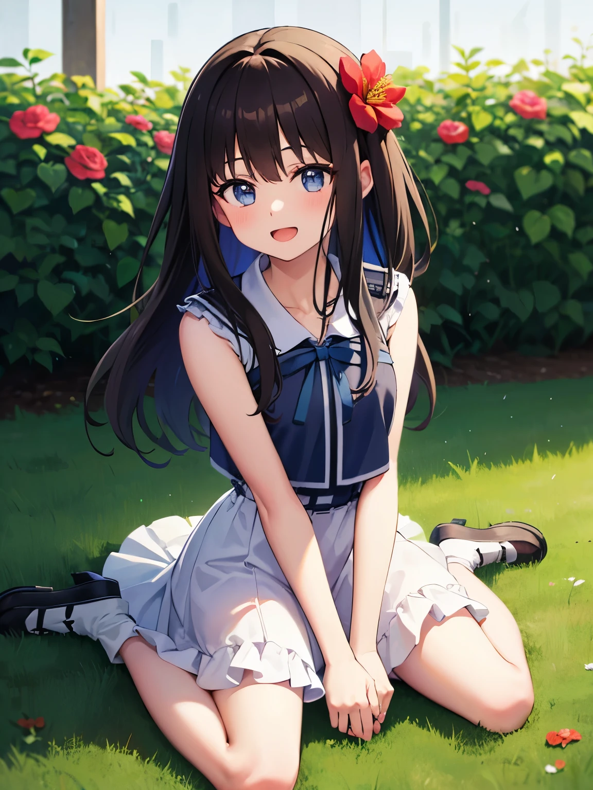 1girl, solo, flower, black hair, smile, open mouth, hair ornament, looking at viewer, holding, dress, hair flower, sitting, white dress, blush, floral print, :d, wariza, blue flower, long hair, holding flower, bangs, colorful, multicolored eyes, red flower, short sleeves, yellow flower, pink flower, from above, frills, holding bouquet, flower field, purple flower, frilled dress, vivid bouquet, blue eyes, white flower, hair between eyes, , seifuku, blue serafuku, blue sailoruniform, cute face, inoue takina, charming bride, hair ornament, green ribbons, 1 girl、solo、full body Esbian(masterpiece:1.21)、(Top image quality:1.2)、colourfull、(illustratio:1.2)、(Cinematographic lighting:1.1)、(Bare shoulders:1.21)、(clavicle:1.21)
Fold your hands behind your back、In this quirky and fantastic garden、iridescent(Multicolored fireflies)Soaring、The sight of soaring in the air is fantastic。The garden is calm(drizzle rain)Decorated with、It exudes a foggy and graceful atmosphere。Chest out, absurderes, superfine illustration,rainboweffect, hight resolution, ultra-detailliert,Light diffusion,highly detailed light reflection, Kaleidoscope, Harmonious, Best Shadow, highly detailed very beautiful big smile face, ;D, beautiful growing crystal diamond star pupil,look at viewr, beautiful detailed hair, Solo, Dynamic Pose, beautiful detailed pink and black ribon, beautiful detailed High , Fantastic and sparkling throughout、Detailed background of shooting stars and strong winds
The lighting is very delicate and beautiful、Soft and warm shine makes the water stand out、Shines like a diamond。The finest lawns are also lit up、A lush carpet is ready。The garden is surrounded by colorful flower fields.、Flowers of all colors and shapes bloom。(Colorful butterflies)flapping wings in scenes of all colors and sizes、Overall exudes a sense of wonder and magic。(Take a look at the AI viewer) blush appears on the nose、Because the mouth is slightly open、Overall innocent and young々I feel like。I see falling peta