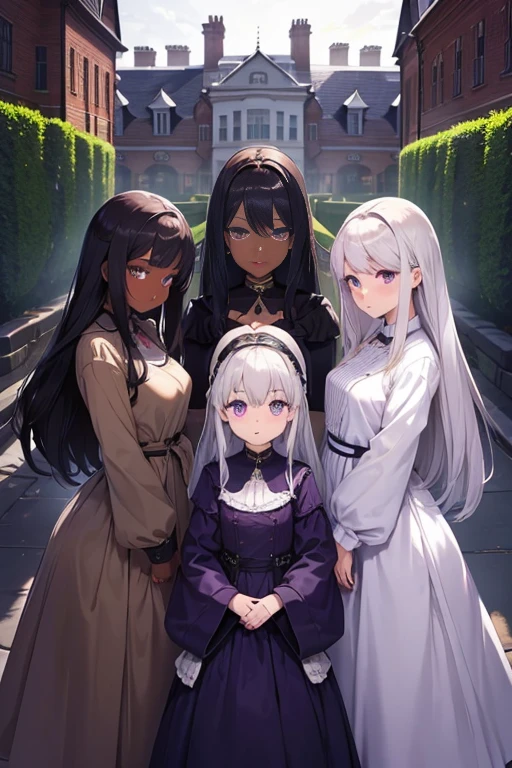 Triplets, rare, time maiden, baggy gown, beautiful women, long silver hair, Violet eyes, dark skin, town, mansion,