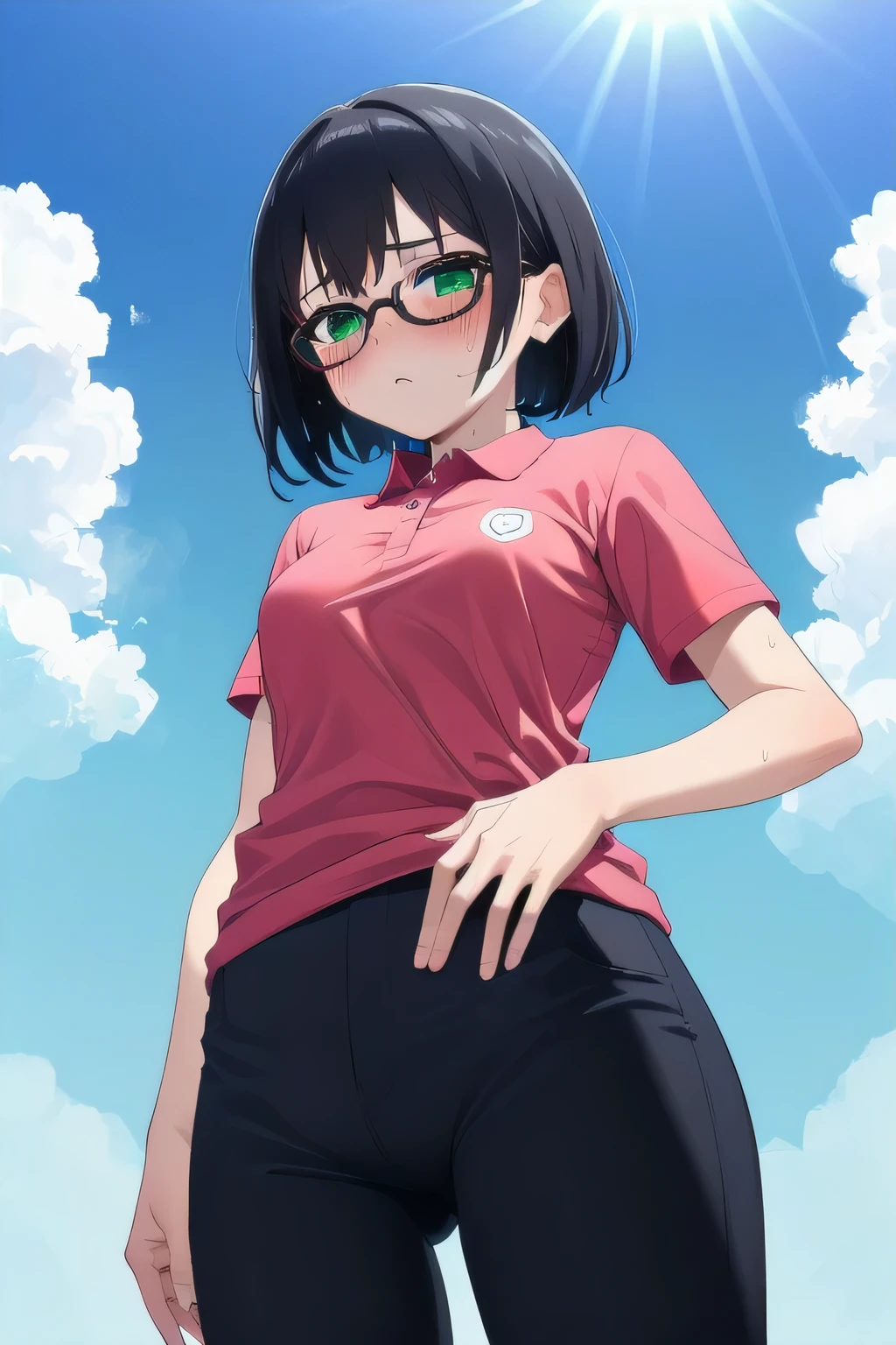 From below,De metamorphosis、Small breasts,Black Hair,short hair,Green Eyes, Black-rimmed glasses,(Shocking pink polo shirt,Short sleeves, skin-colored pants) ,(Sweaty skin:1.1), Outdoor,sunlight, Blue sky with clouds,Strong winds,(High resolution, high quality:1.1), Intricate details,  1 girl,(blush,Embarrassing)Feeling Touching the Crotch