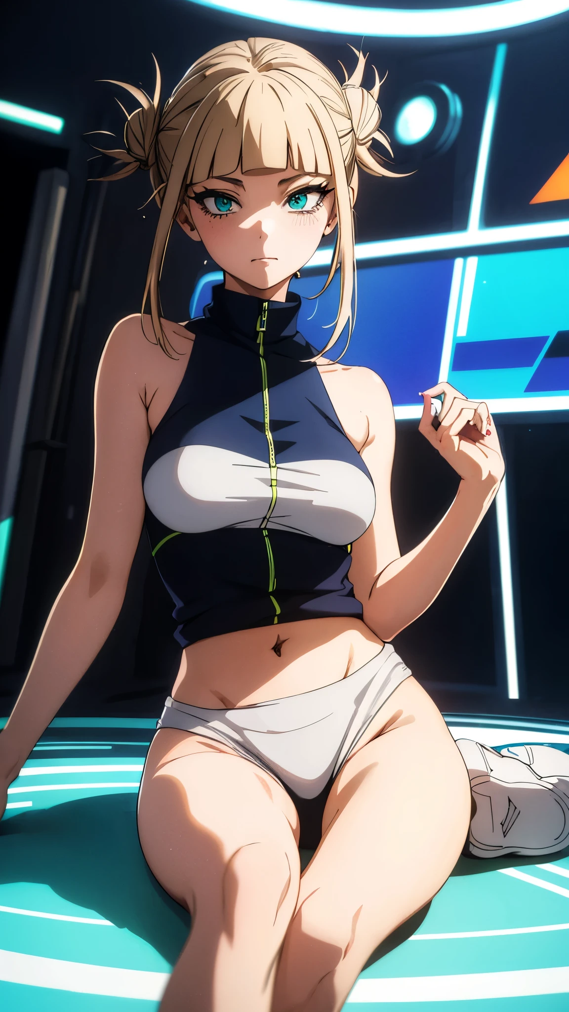 (best quality,highres:1.2),ultra-detailed,realistic,photorealistic:1.37,a beautiful girl(Himiko Toga) model in a pop style,18 years old,long legs,medium breasts,extremely detailed face (with emphasis on azure eyes),wearing tight-fitting clothes (exposing the stomach),sitting in a perfect split pose,illustration,colorful pop art style,dynamic lighting,neon colors