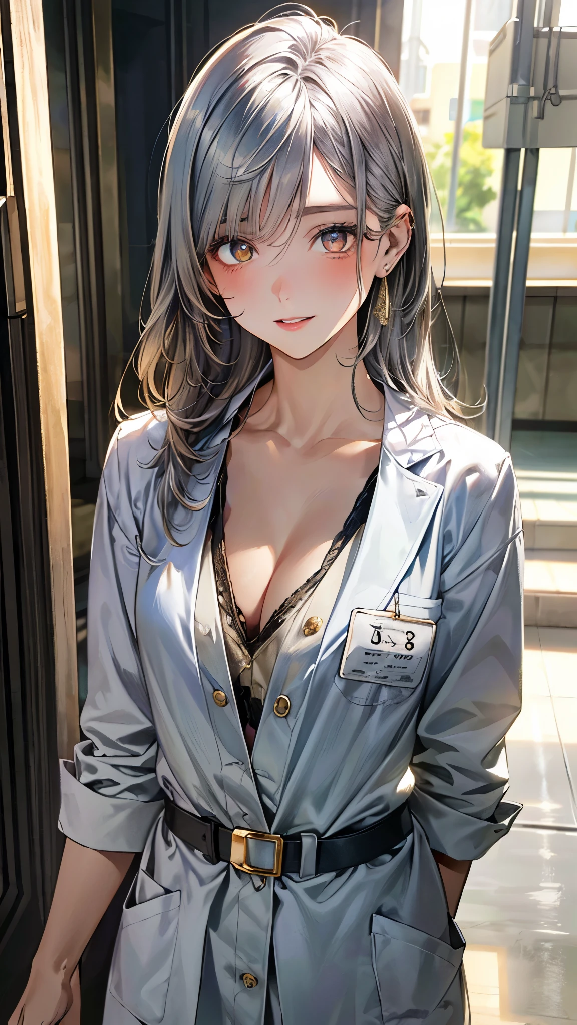 (masterpiece:1.3, top-quality, ultra high resolution, ultra detailed), (realistic, photorealistic:1.4), beautiful illustration, perfect lighting, natural lighting, depth of fields, super detailed skin,
beautiful detailed hair, beautiful detailed face, beautiful detailed eyes, beautiful clavicle, beautiful body, beautiful chest, beautiful thigh, beautiful legs, beautiful hands,
looking at viewer, (face focus, upper body), 1 girl, doctor, 19years, old, (perfect anatomy, anatomically correct), cute and symmetrical face, babyface, perfect face, perfect eyes,
(long hair, straight hair, silver hair), crossed bangs, (gold eyes), slant eyes, big eyes, long eye lasher, (medium breasts, juicy thighs, attractive thighs, cleavage:1.0),
((detailed cloth texture, doctor outfit, name tag)),
(beautiful scenery), evening, (hospital, hallway), (walking), (seductive smile, upper eyes, parted lips),