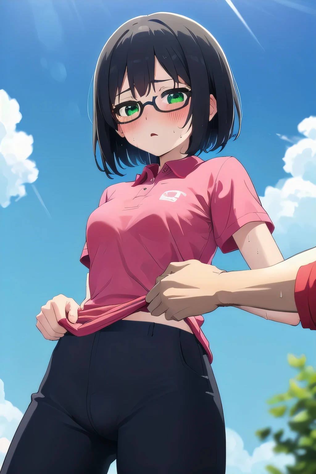 From below,De metamorphosis、Small breasts,Black Hair,short hair,Green Eyes, Black-rimmed glasses,(Shocking pink polo shirt,Short sleeves, skin-colored pants) ,(Sweaty skin:1.1), Outdoor,sunlight, Blue sky with clouds,Strong winds,(High resolution, high quality:1.1), Intricate details, 1 girl,(blush,Embarrassing)Feeling Touching the Crotch