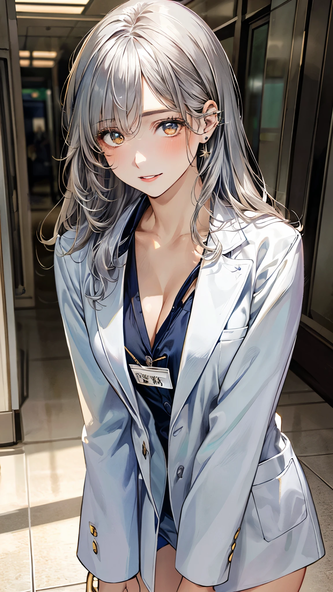 (masterpiece:1.3, top-quality, ultra high resolution, ultra detailed), (realistic, photorealistic:1.4), beautiful illustration, perfect lighting, natural lighting, depth of fields, super detailed skin,
beautiful detailed hair, beautiful detailed face, beautiful detailed eyes, beautiful clavicle, beautiful body, beautiful chest, beautiful thigh, beautiful legs, beautiful hands,
looking at viewer, (face focus, upper body), 1 girl, doctor, 19years, old, (perfect anatomy, anatomically correct), cute and symmetrical face, babyface, perfect face, perfect eyes,
(long hair, straight hair, silver hair), crossed bangs, (gold eyes), slant eyes, big eyes, long eye lasher, (medium breasts, juicy thighs, attractive thighs, cleavage:1.0),
((detailed cloth texture, doctor outfit, name tag)),
(beautiful scenery), evening, (hospital, hallway), (walking), (seductive smile, upper eyes, parted lips),