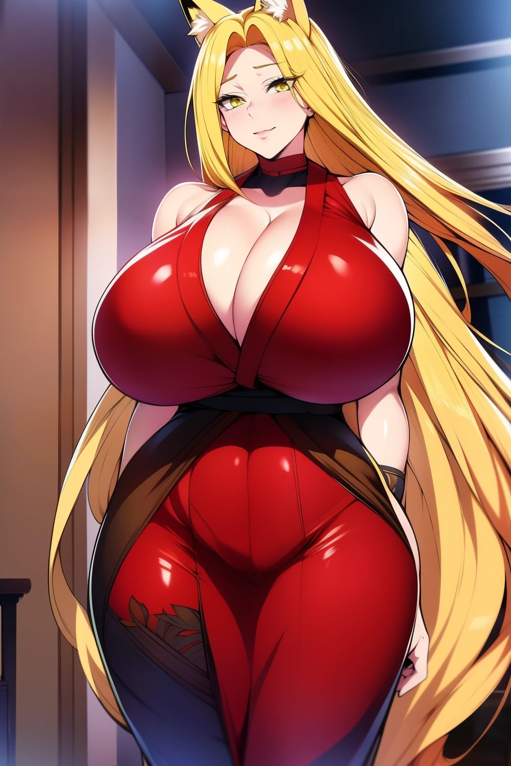 An anime-style artwork depicting Kousaka Shizuru from the game Honkai star rail.

Tags: Kousaka Shizuru, anime, detailed eyes, detailed lips, ass, bare shoulders, (blonde hair:1.4), (white short kimono:1.1), cleavage, long hair,  solo, huge breasts,  (yellow eyes:1.1),, smiling expression, intense gaze, dynamic pose, indoor, palace, vibrant colors, digital art, high-resolution, professional quality, gigantic breasts, curvy, cowboy shot, (gigantic breasts: 1.4),, fox ears