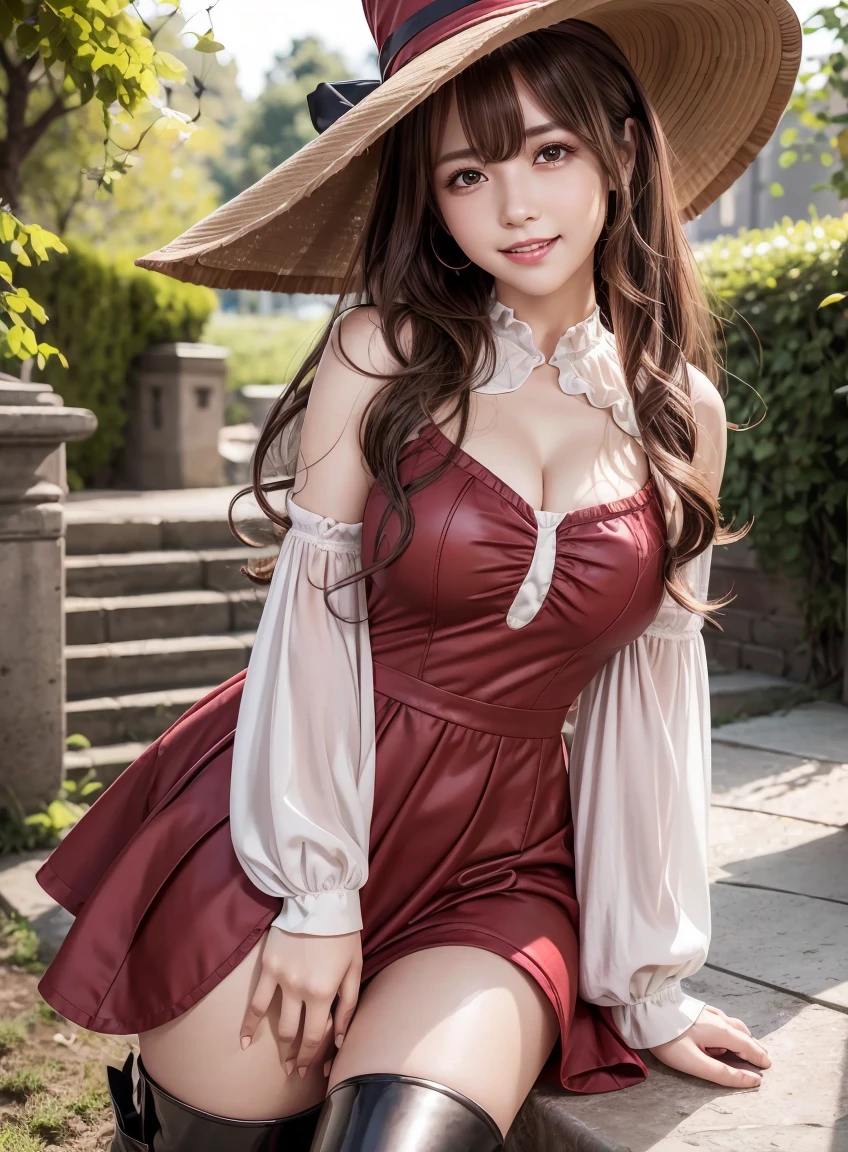(highest quality:1.3), Highly detailed CG Unity 8k wallpaper, 32K, Realistic, Ultra-high resolution RAW photos, Beautiful and clear face, White skin, Real Skin, Finely textured fabric, Detailed hair texture, Perfect body, Beautiful Features, Accurate fingering, Anatomically correct, Highly detailed face and skin texture, One Girl, cute,Brown Hair、((Curly Hair、Red eyes、Droopy eyes:1.2))、Shiny and smooth hair, Thick bangs、(Bright smile:1.2), Witch Costume、Big hat、Knee-high boots、