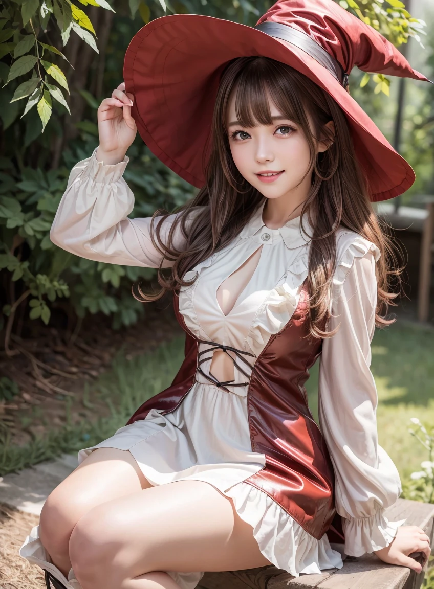 (highest quality:1.3), Highly detailed CG Unity 8k wallpaper, 32K, Realistic, Ultra-high resolution RAW photos, Beautiful and clear face, White skin, Real Skin, Finely textured fabric, Detailed hair texture, Perfect body, Beautiful Features, Accurate fingering, Anatomically correct, Highly detailed face and skin texture, One Girl, cute,Brown Hair、((Curly Hair、Red eyes、Droopy eyes:1.2))、Shiny and smooth hair, Thick bangs、(Bright smile:1.2), Witch Costume、Big hat、Knee-high boots、