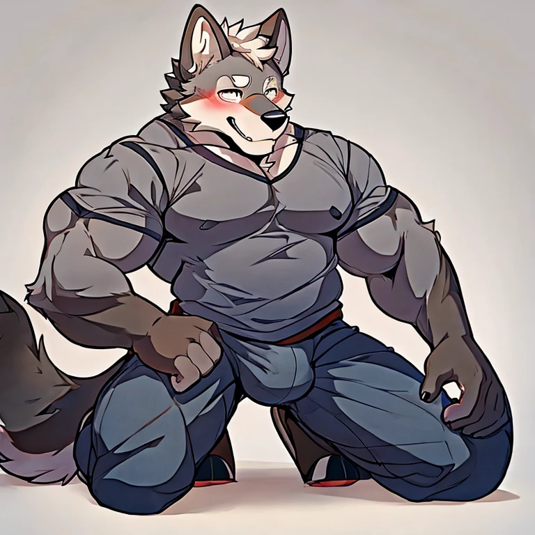 man，Gray wolf，Modern Background，Blushing，the strong，Tight Fit，Kneeling，Crotch bulge