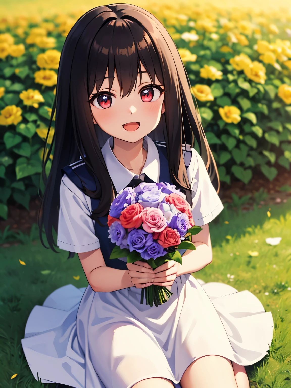 1girl, solo, flower, black hair, smile, open mouth, hair ornament, looking at viewer, holding, dress, hair flower, sitting, white dress, blush, floral print, :d, wariza, blue flower, long hair, holding flower, bangs, colorful, multicolored eyes, red flower, short sleeves, yellow flower, pink flower, from above, frills, holding bouquet, flower field, purple flower, frilled dress, bouquet, red eyes, white flower, hair between eyes, , seifuku, serafuku, sailoruniform, cute face, inoue takina, charming bride,