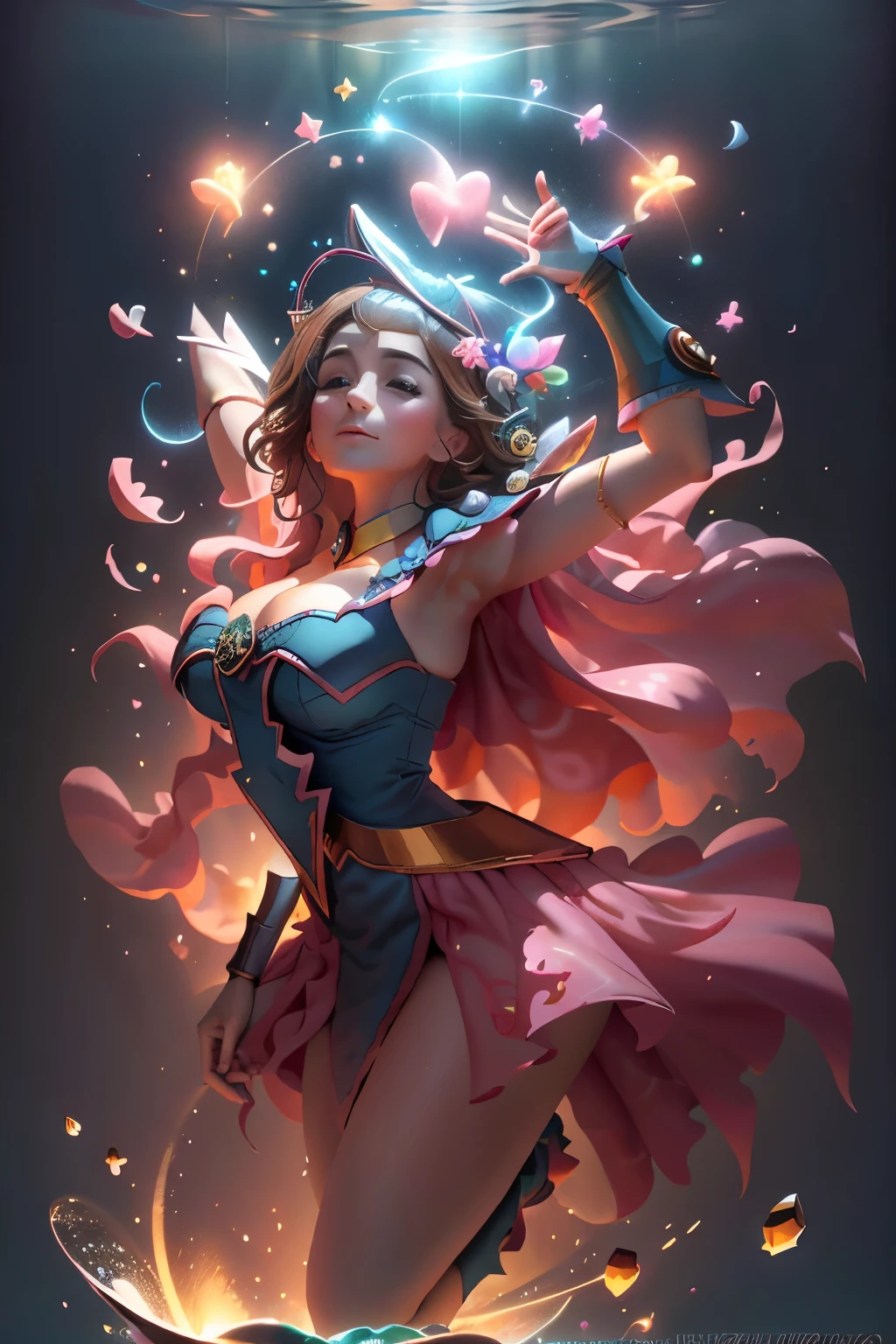 Obra maestra:1.2), (La mejor calidad:1.2), Perfect lighting, Chica Maga Oscura, lanzando un hechizo y flotando en el aire, tetas grandes, escote, fondo de magia. Corazones transparente en el ambiente, ella usa tacones