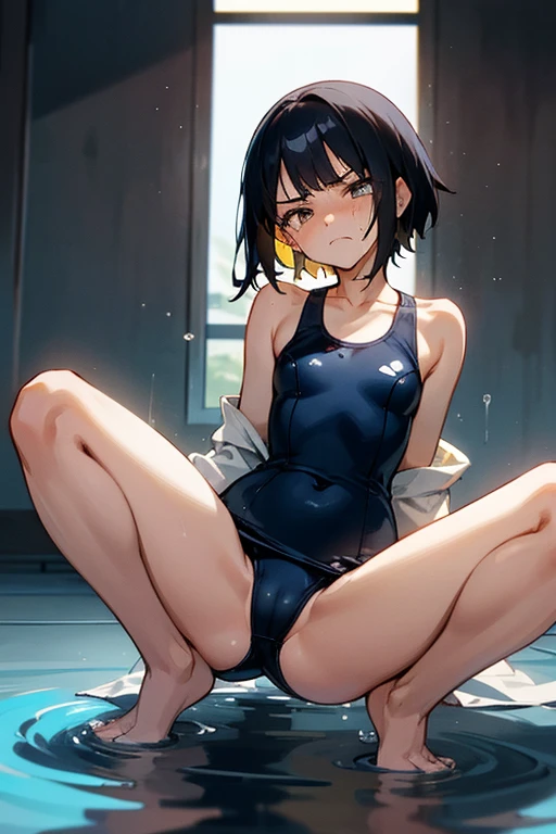 18 year old Japanese, high school student、Black Hair、boyish、small size of breasts, Flat Chest、Slim body, The background is a school classroom、Squat posture、Spread your legs, Spread your legs, Only one girl, One piece swimsuit、Navy blue school swimsuit、Front of body、looking at the camera、Glaring、Shame、Angry crying、Are crying、Flowing Tears、Closed Mouth、barefoot、Pee、Peeing、Yellow water from the genitals、Seriously angry、hentai