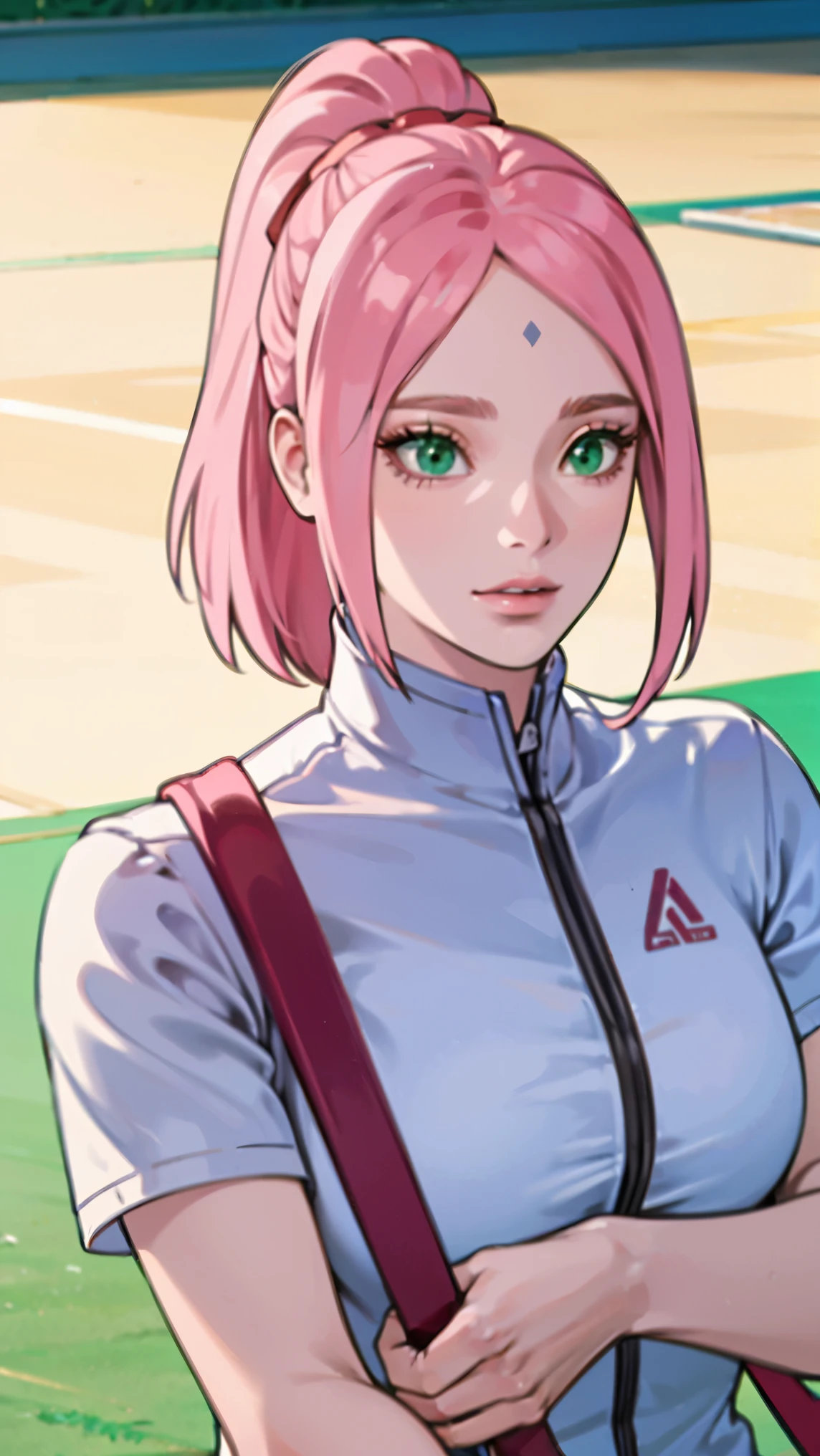 sakura\(boruto\), sakura haruno from the anime naruto, green eyes, short hair, pink hair, ponytail, beautiful, beautiful woman, perfect body, perfect breasts, wearing a tennis outfit, wearing a tennis hat, being on the tennis court, holding a tennis racket, looking at the audience, a slight smile, realism, masterpiece, textured leather, super detailed, high detail, high quality, best quality, 1080p, 16k