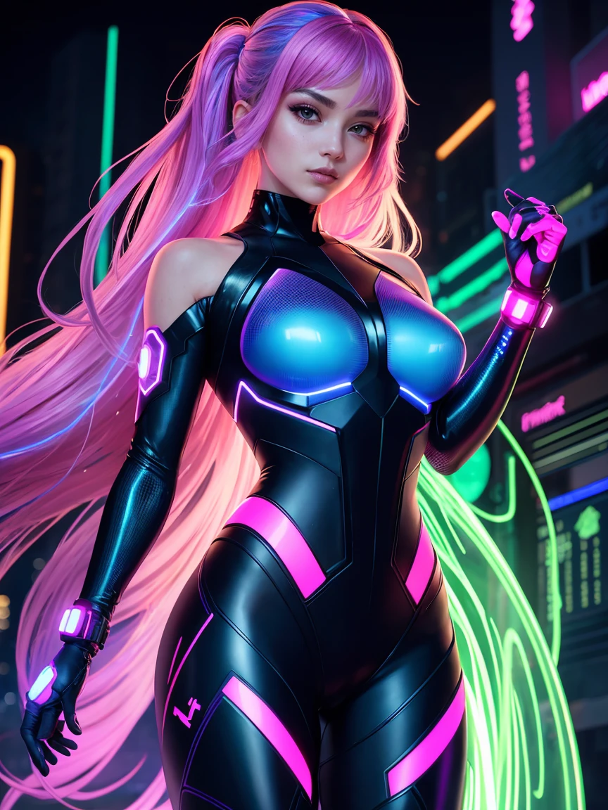 a high-quality, 8K Ultra HD, full-body illustration of a mesmerizing 20-year-old woman with a futuristic beauty that seems to transcend time and space. She should be intricately woven into her cybernetic suit, moving with fluidity and precision. Her flowing hair resembles streams of neon lights, casting a vibrant glow that adds a touch of cyberpunk brilliance to her appearance. Each strand of hair should be meticulously crafted with holographic patterns that shimmer and shift, creating an ever-changing display of colors. This illustration will be highly detailed and created by Yukisakura